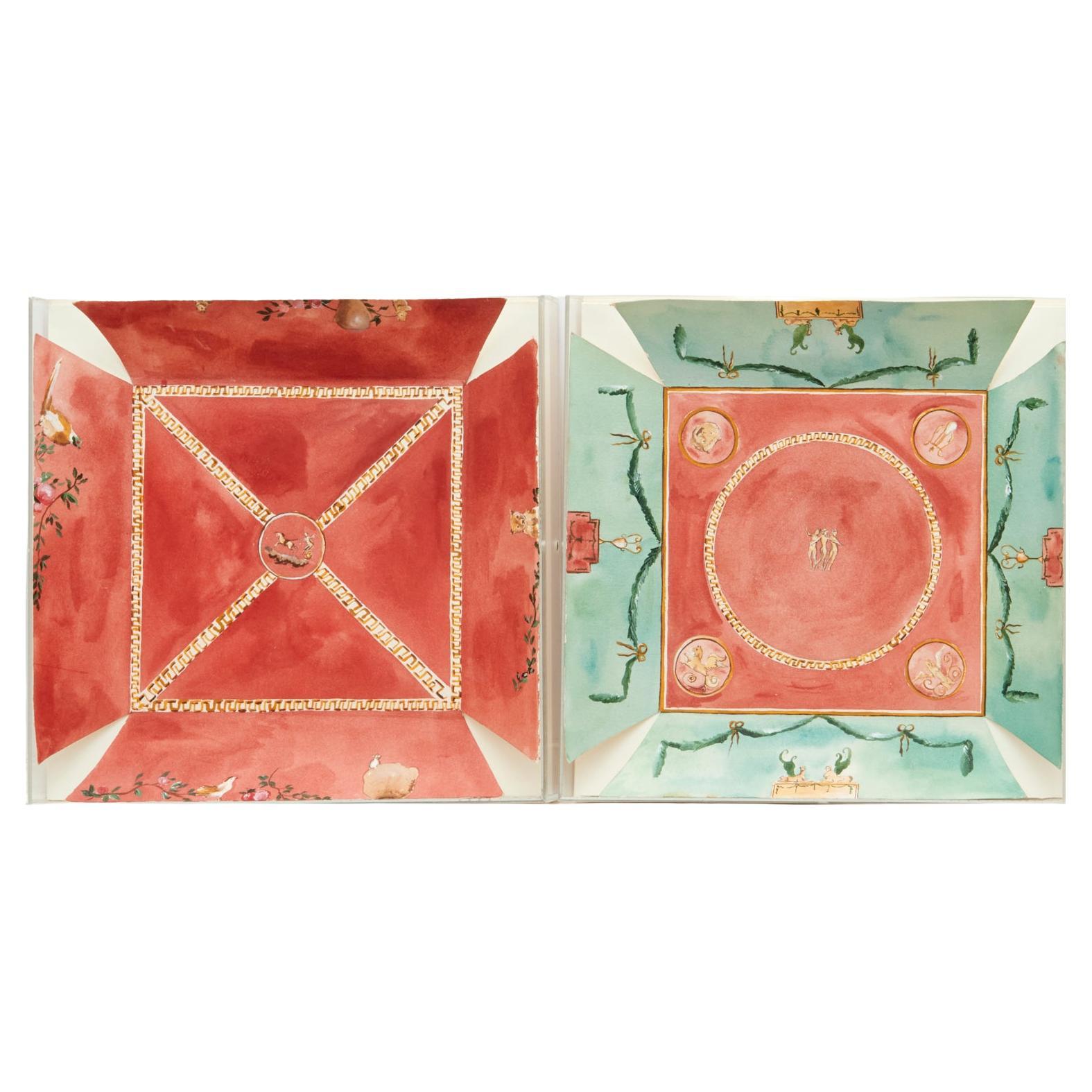 Pair of Watercolor Paintings in the style of Pompeian Wall or Ceiling Decoration For Sale