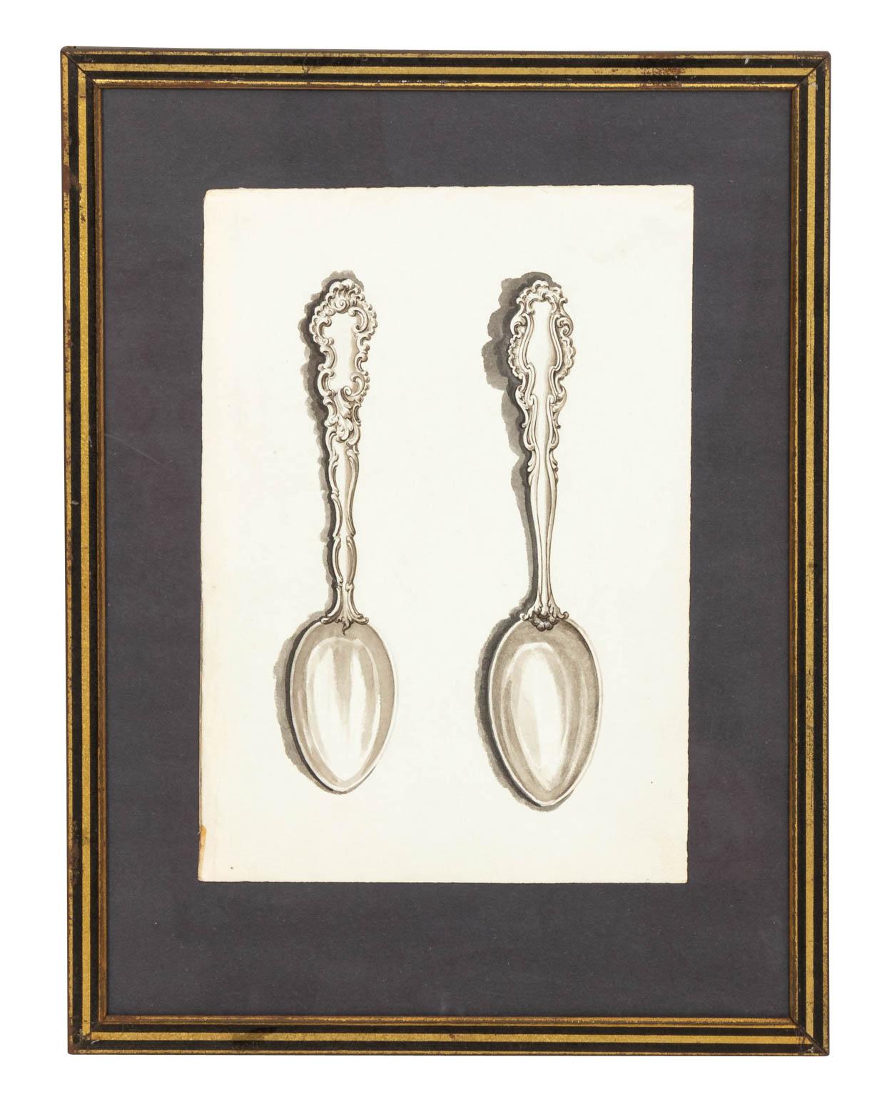 Pair of watercolors with spoon designs by W. Rogers and Sons, circa 1896. The pieces are unsigned and framed with matching period frames.