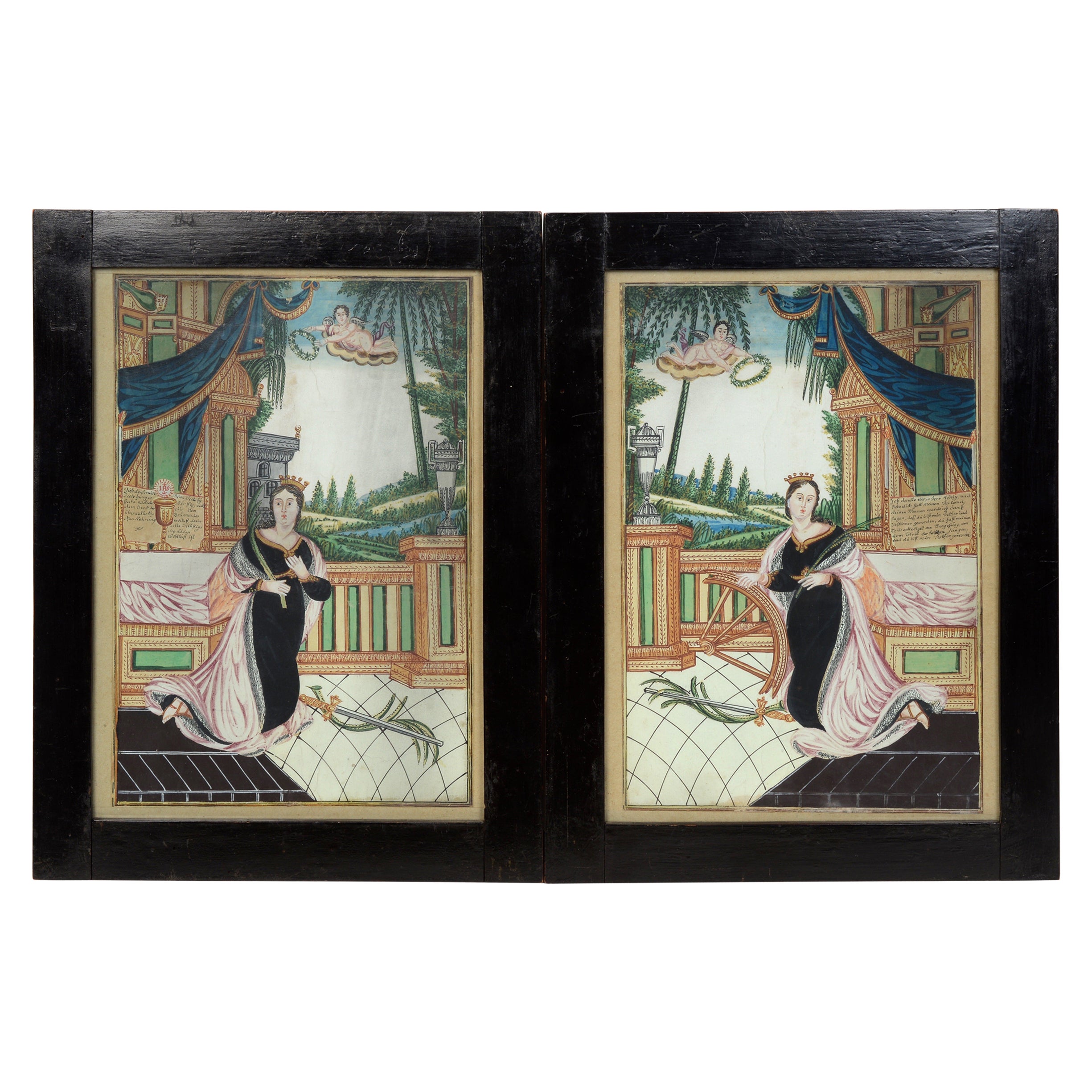 Paire d'aquarelles représentant « Le culte de Sainte-Catherine d'Alexandrie » en vente