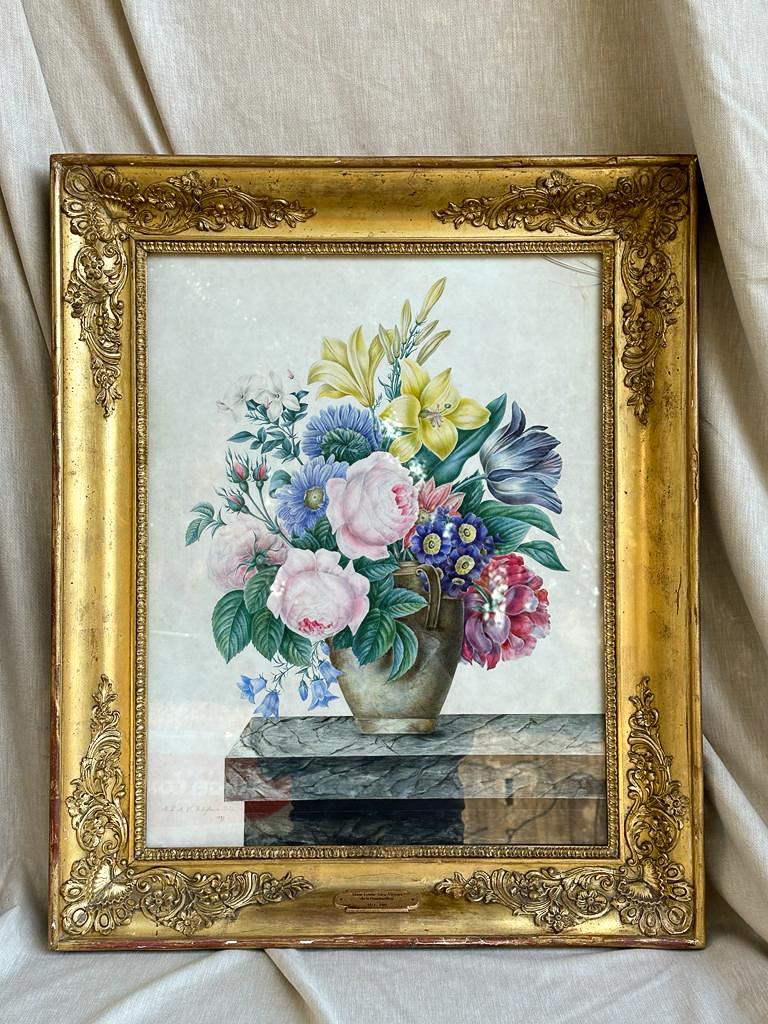 Hand-Painted Pair of Watercolors - Marie Louise Anne Victoire de la Fouchardière (1814-1903)  For Sale