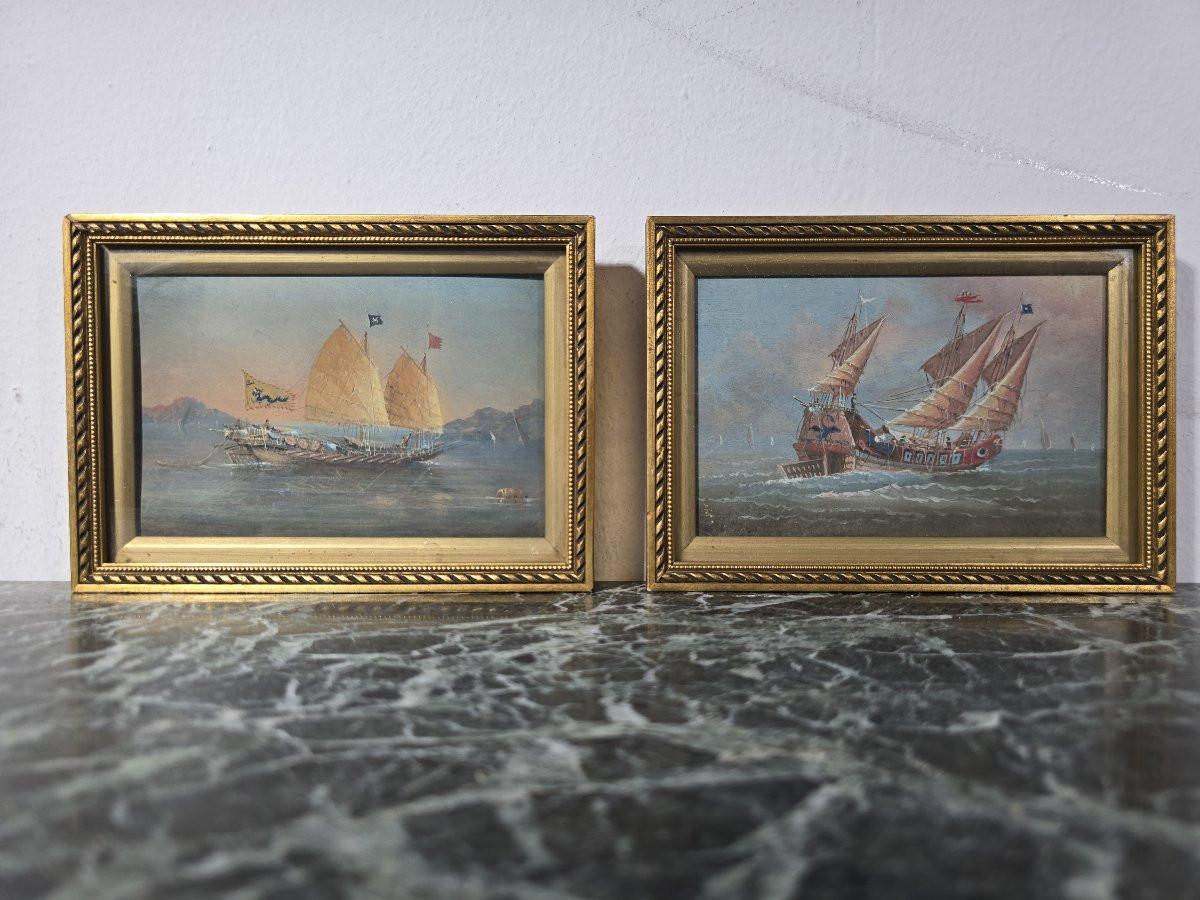 Autre Paire d'aquarelles de bateaux chinois - 19e siècle en vente