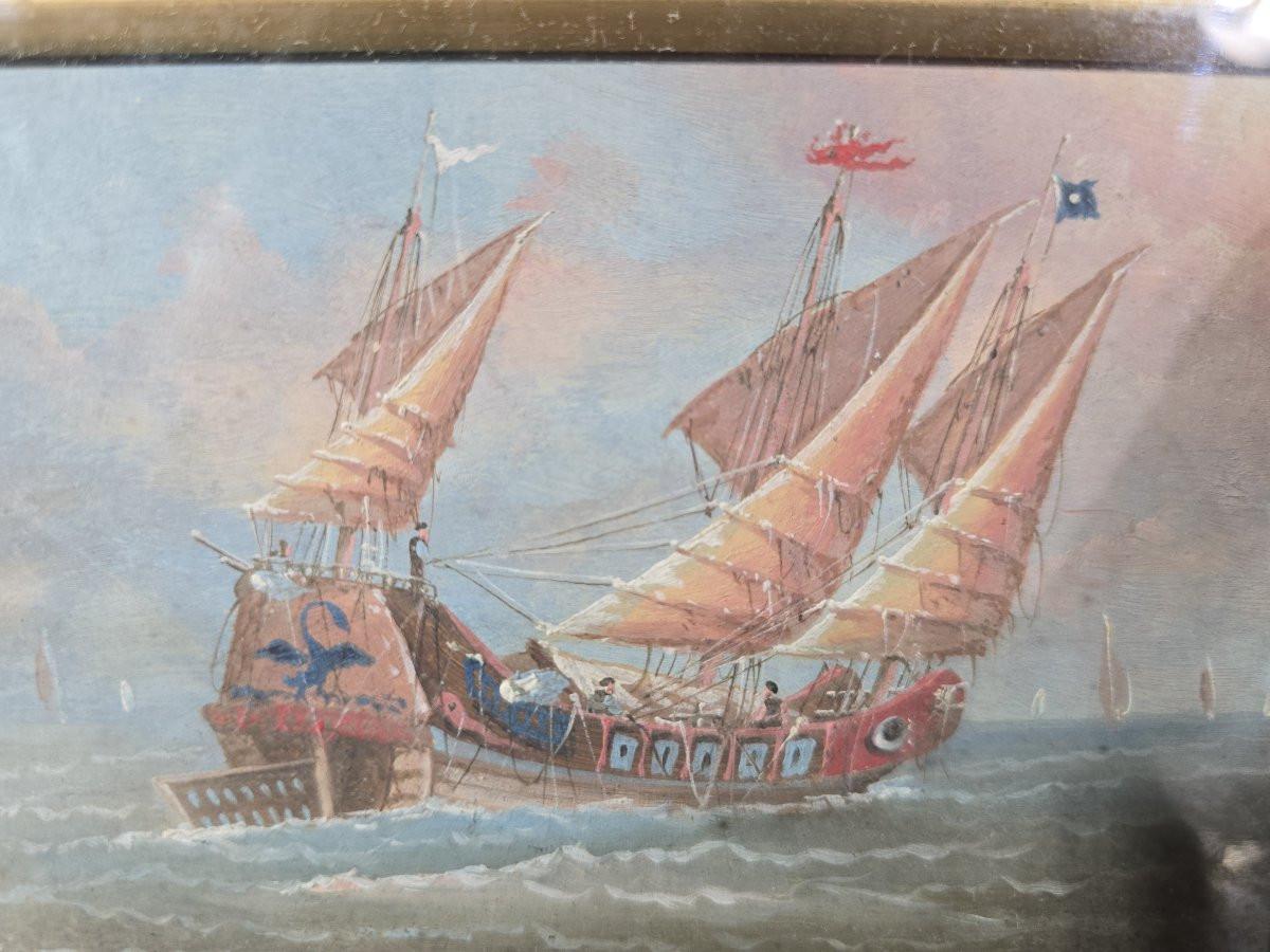 Peint à la main Paire d'aquarelles de bateaux chinois - 19e siècle en vente
