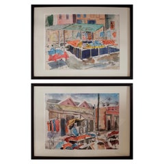 Pair of Watercolors of Maxwell Street in Chicago by David Segel