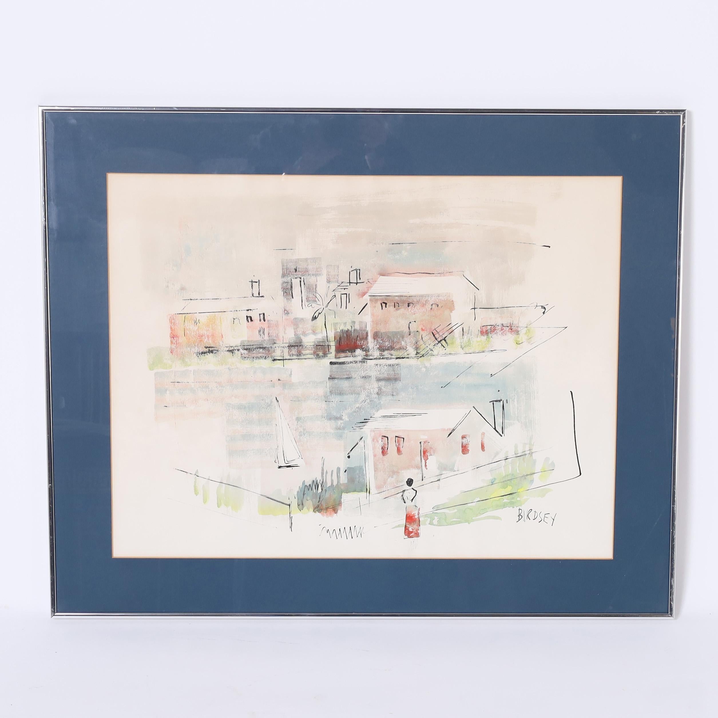 Here are two watercolors on paper of scenes of Bermuda executed in a delightful loose modernist style signed Birdsey. Presented under glass in aluminum frames.