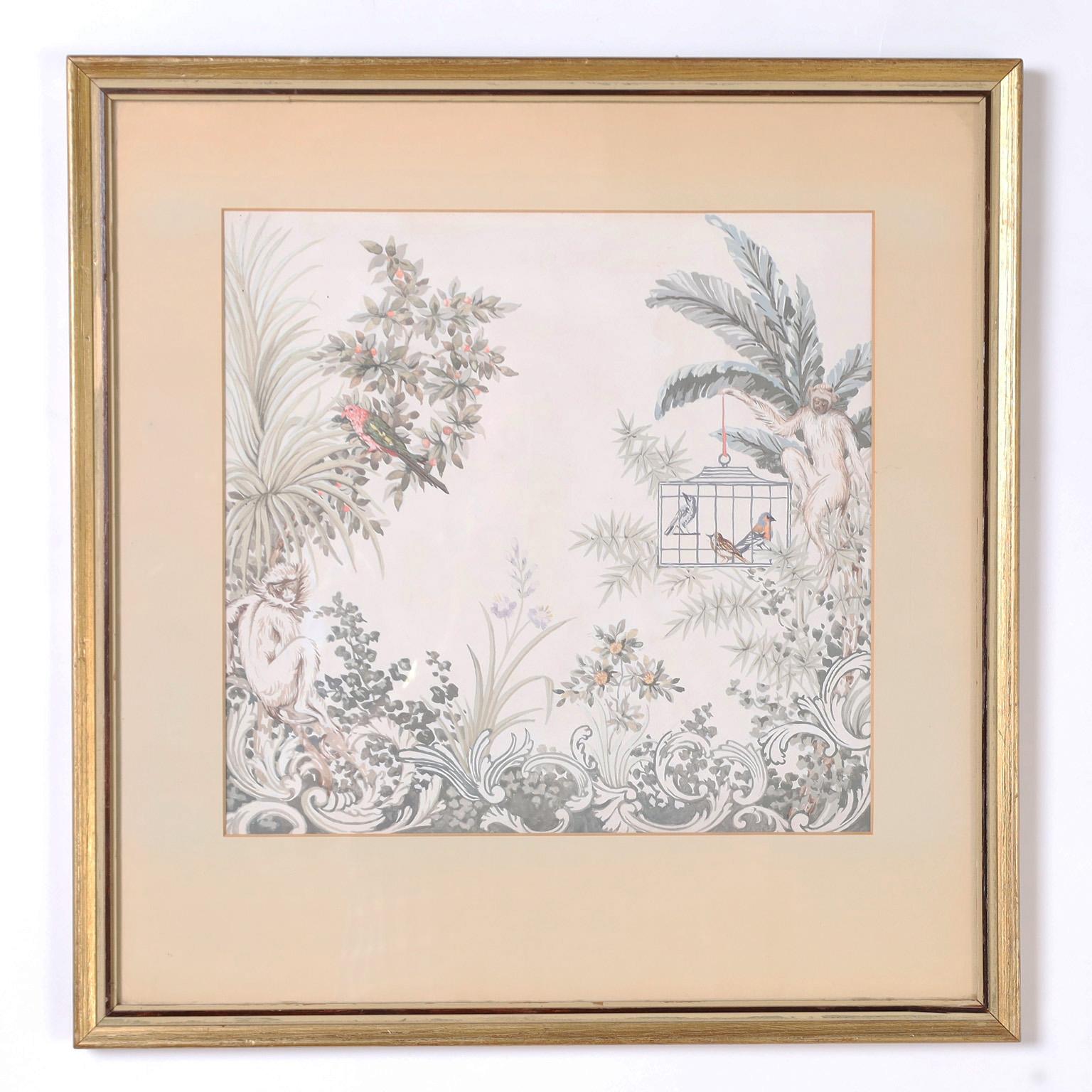 Lofty pair of watercolors executed with delicate subtle hand depicting tropical scenes with flowers, birds and monkeys. By noted muralist Harley Henoch and presented in gilt wood frames under glass.