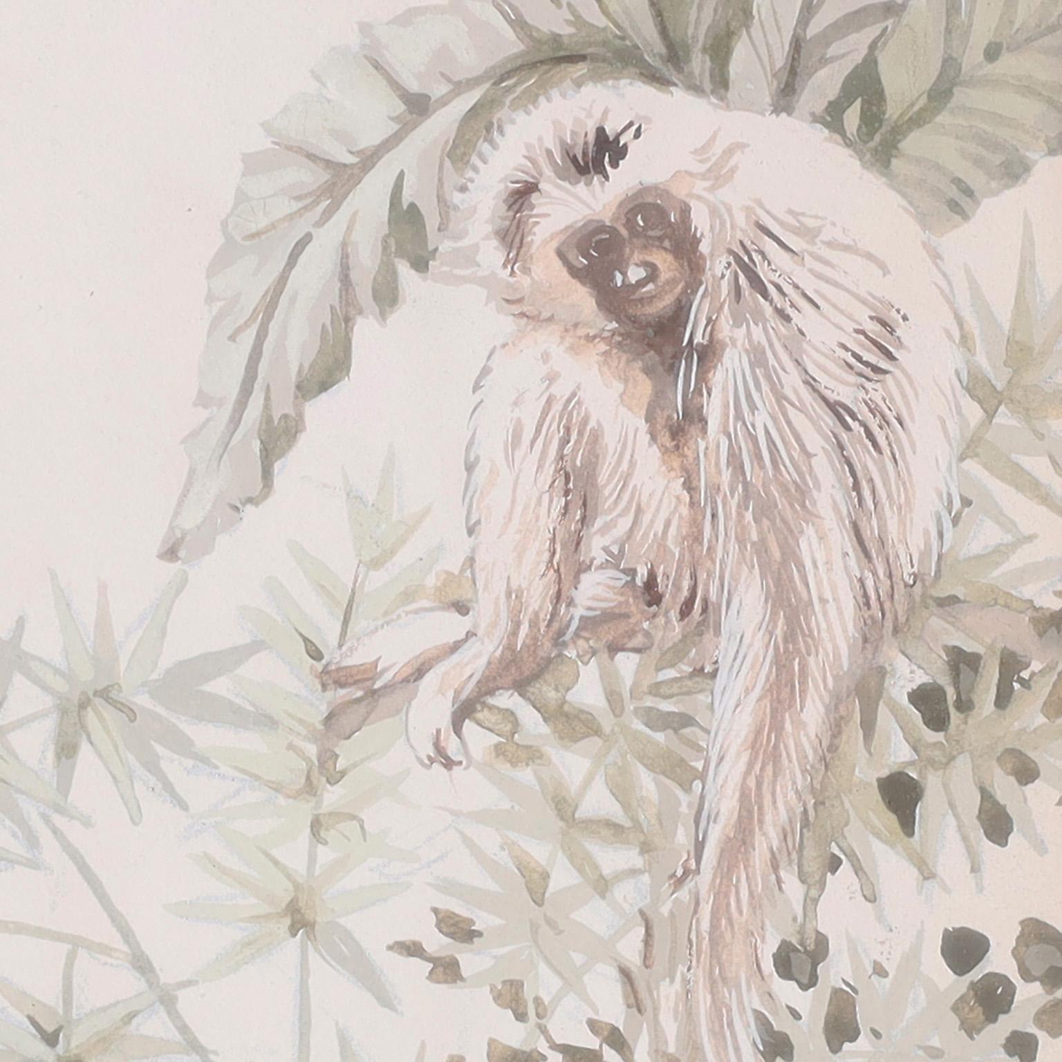 20th Century Pair of Watercolors on Paper with Birds and Monkeys by Harley Henoch