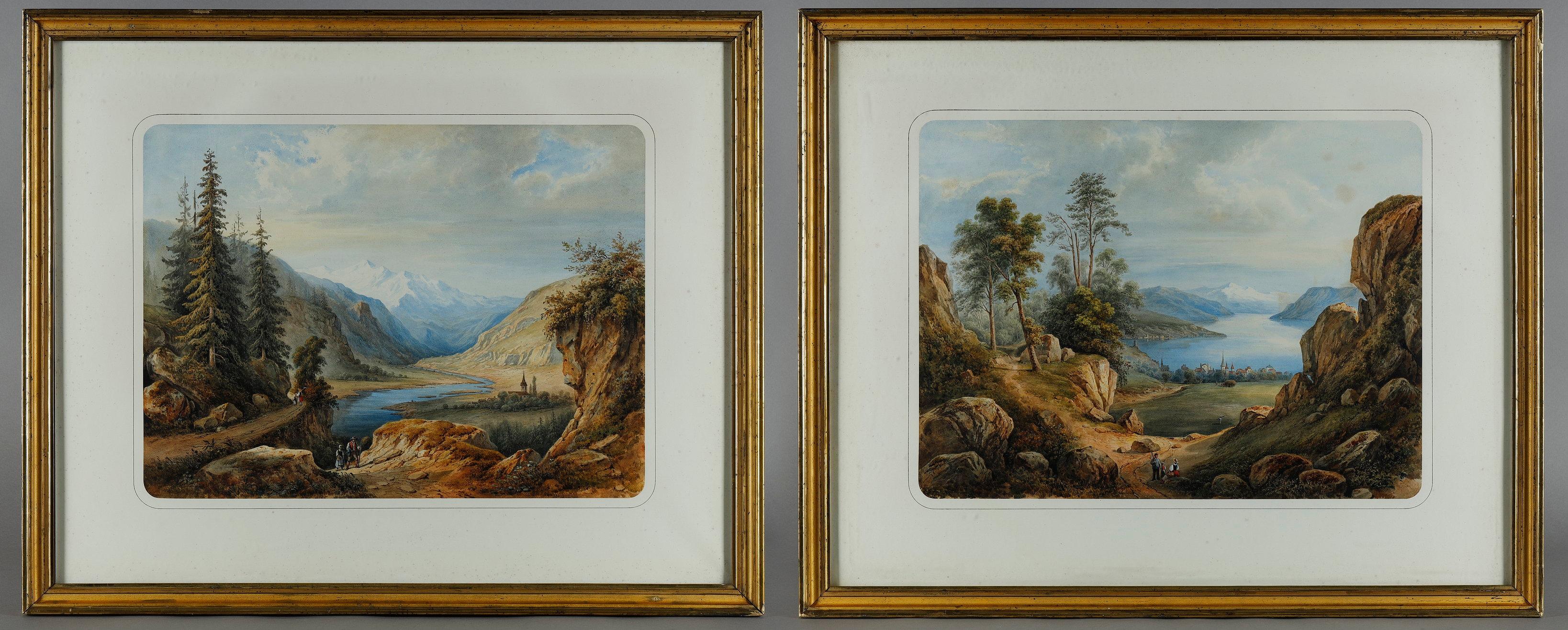 Two large pendant watercolors depicting lake and mountain river landscapes in Switzerland. Localized: the course of the Aare. Circa: 1840

François Jules Collignon was born in 1811 in Amersfoort, Utrecht, and died at the age of 35 in Bry sur Marne.