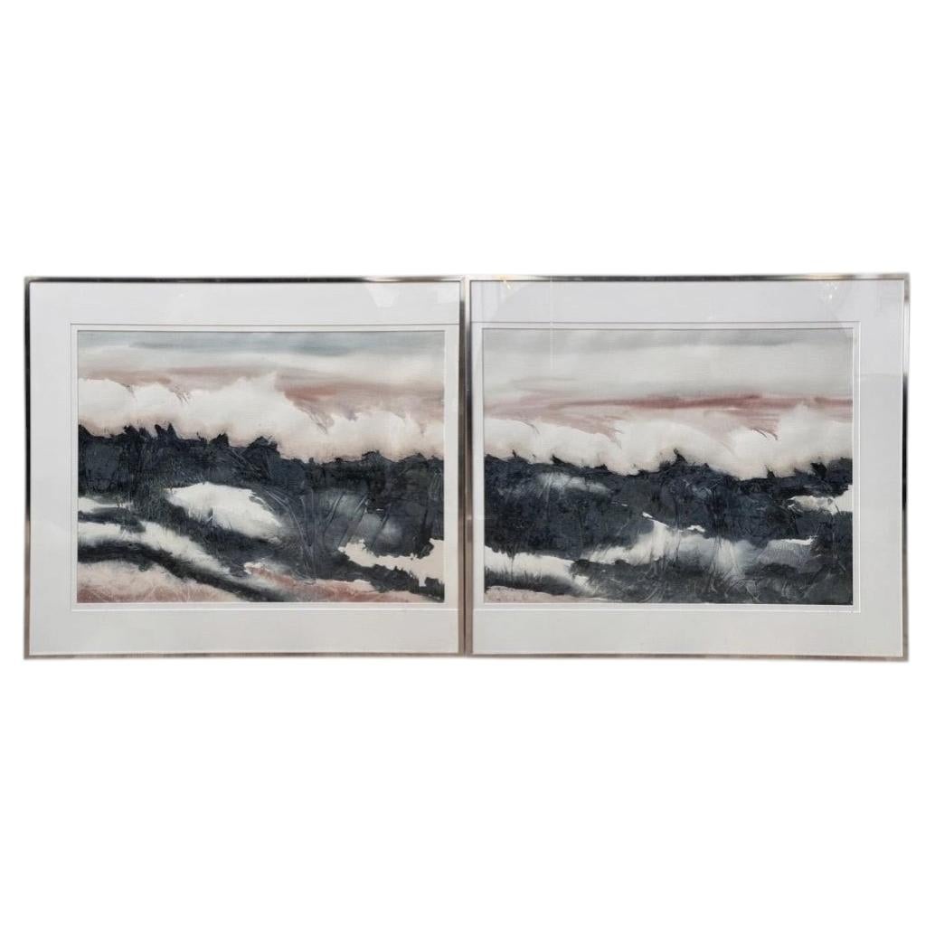 Pair of watercolors, Waves, framed, by Nancy Tuttle May, NC, 1985 For Sale