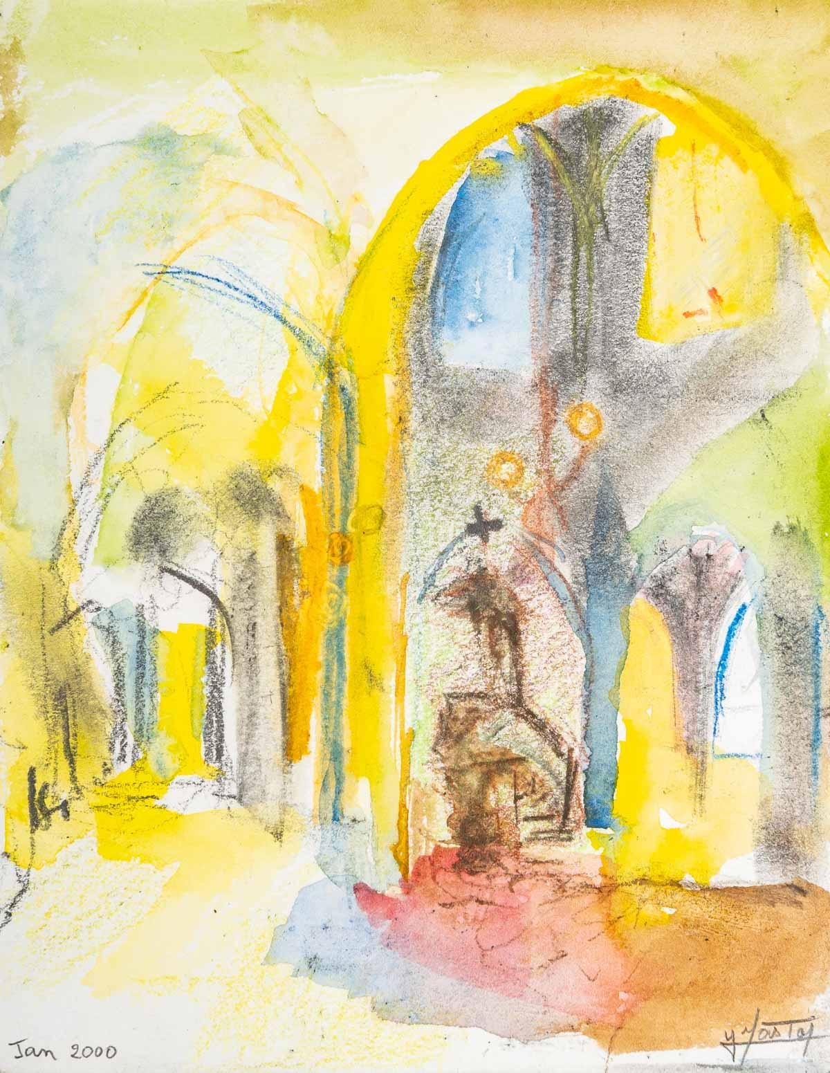 Contemporary Pair of Watercolours, Church Interior For Sale