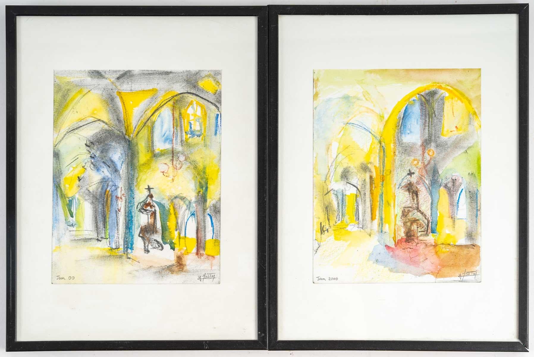 Paper Pair of Watercolours, Church Interior For Sale