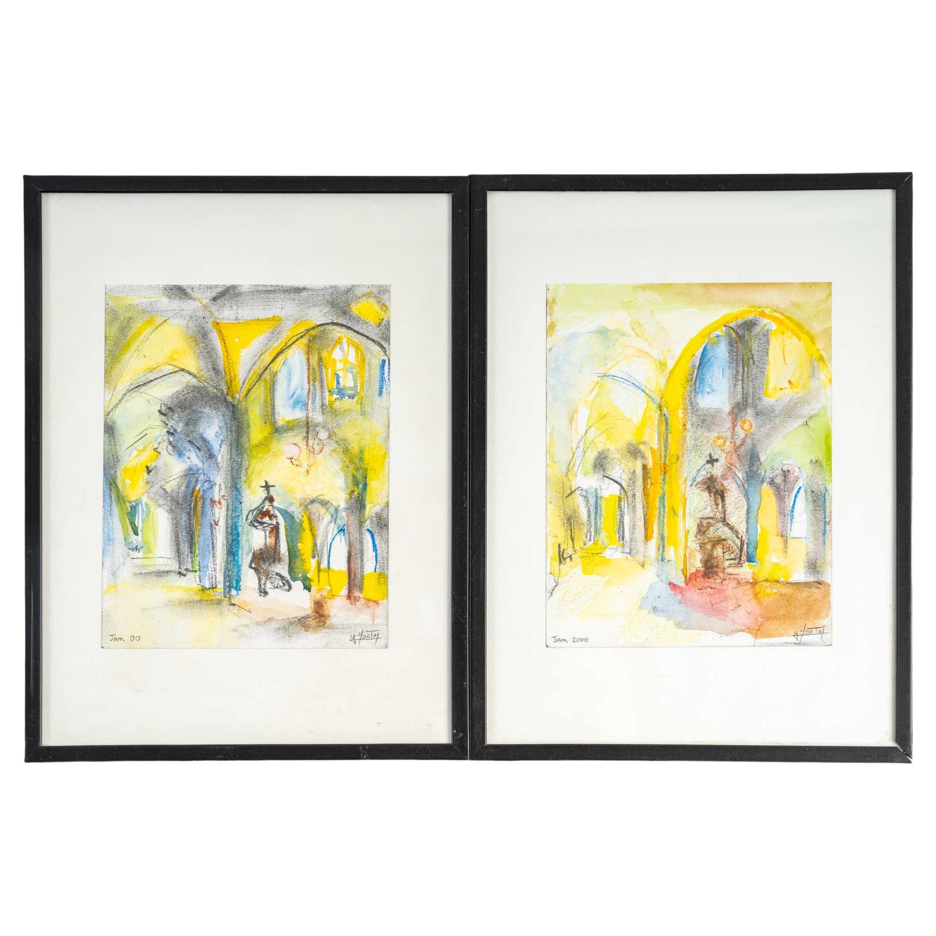 Pair of Watercolours, Church Interior For Sale