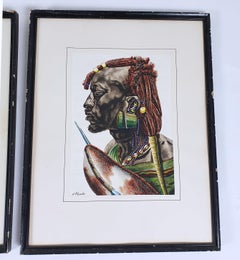 Pair of Watercolors of African Tribesmen by J P Ludo