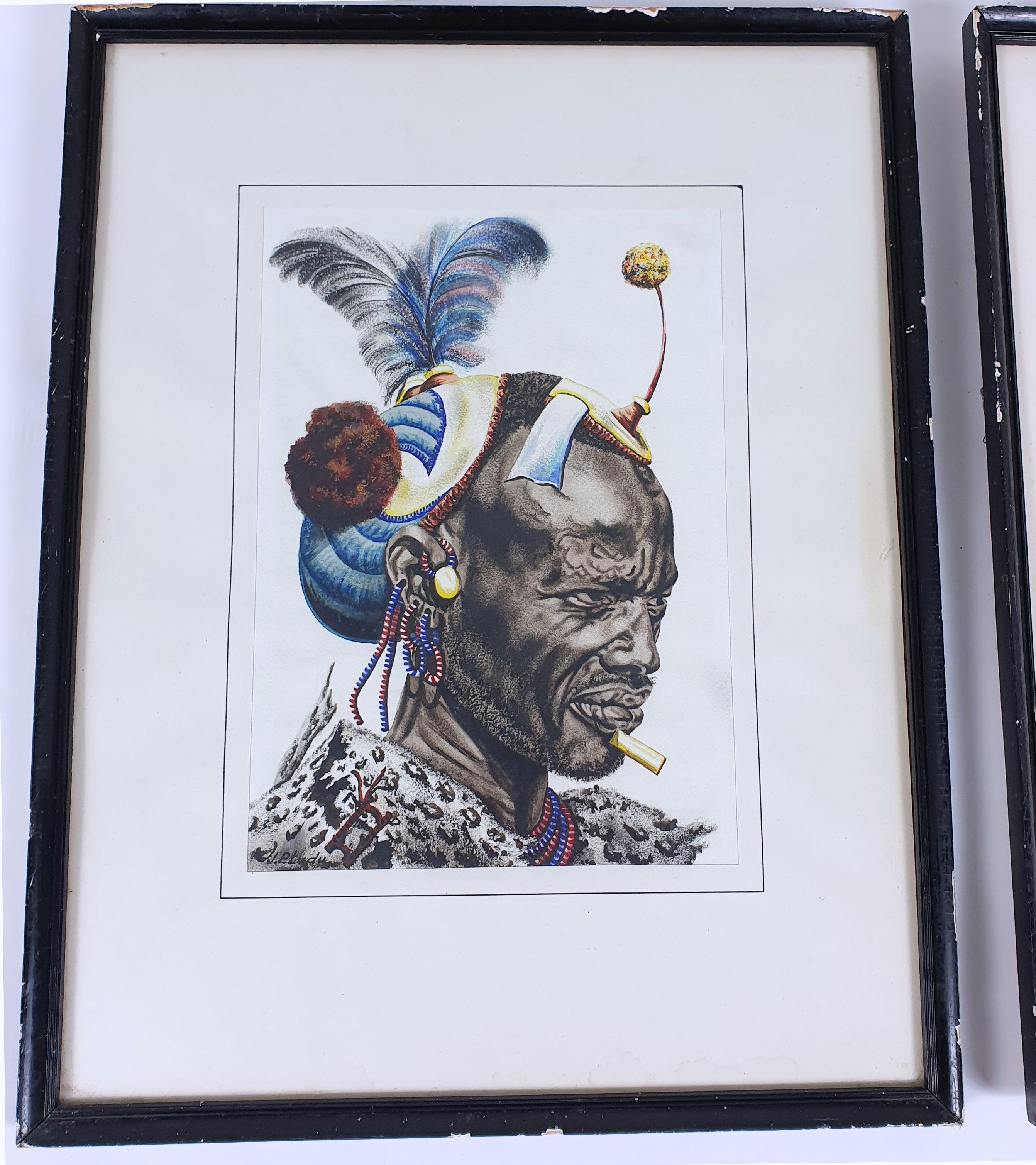 Ugandan Pair of Watercolors of African Tribesmen by J P Ludo For Sale