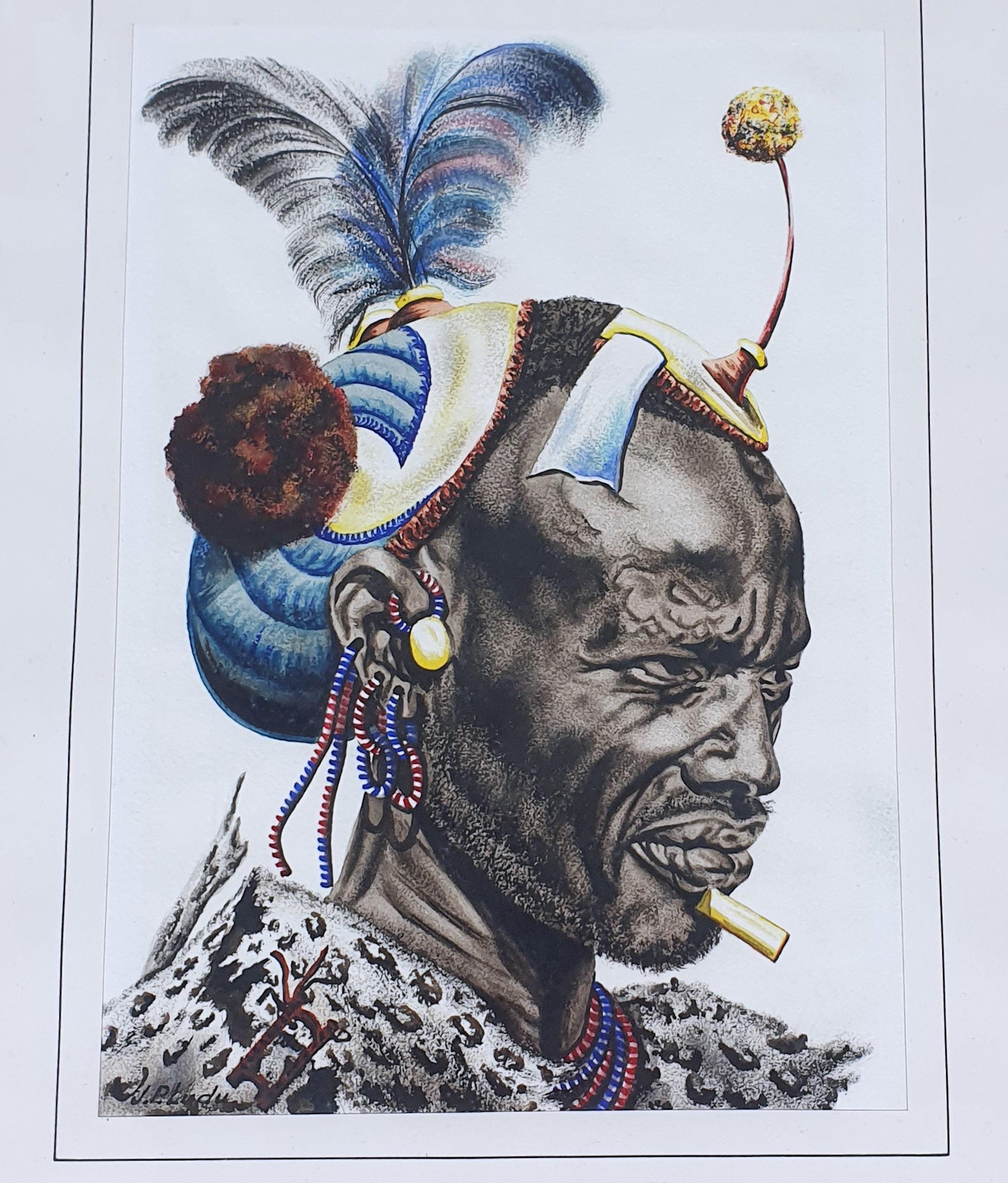 Hand-Painted Pair of Watercolors of African Tribesmen by J P Ludo For Sale