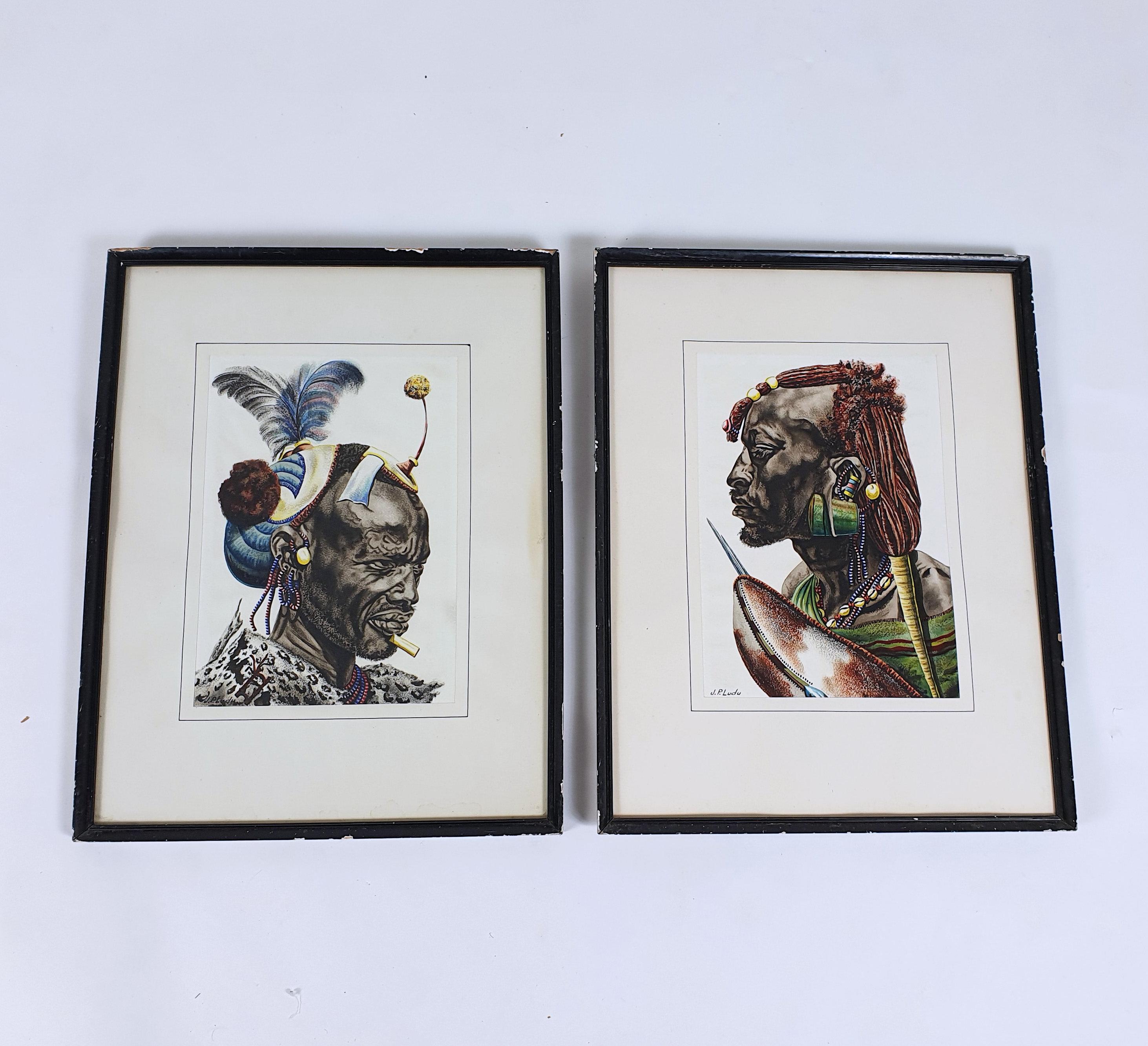 Glass Pair of Watercolors of African Tribesmen by J P Ludo For Sale