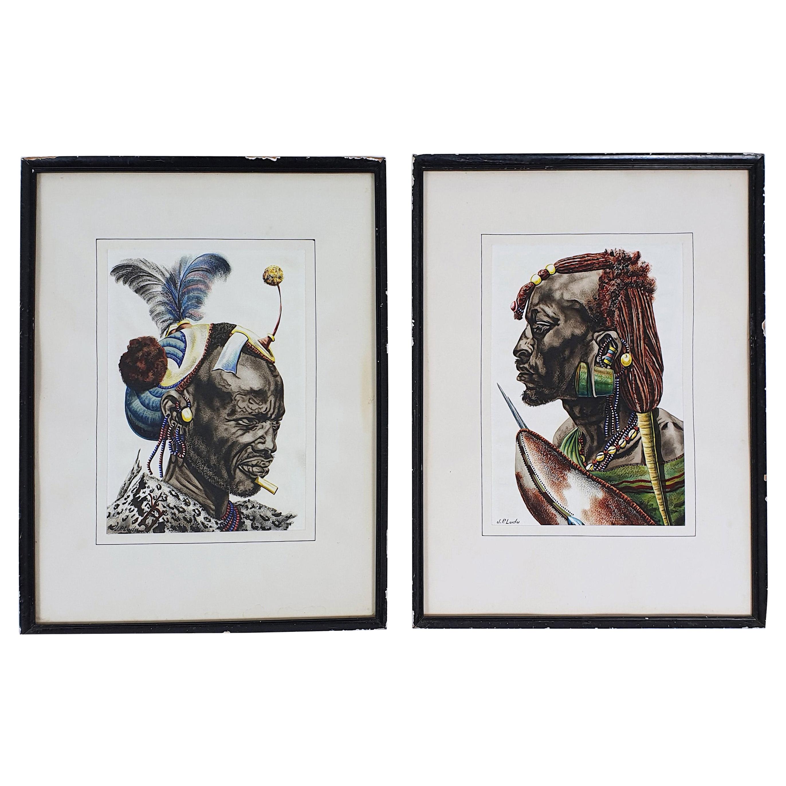 Pair of Watercolors of African Tribesmen by J P Ludo For Sale