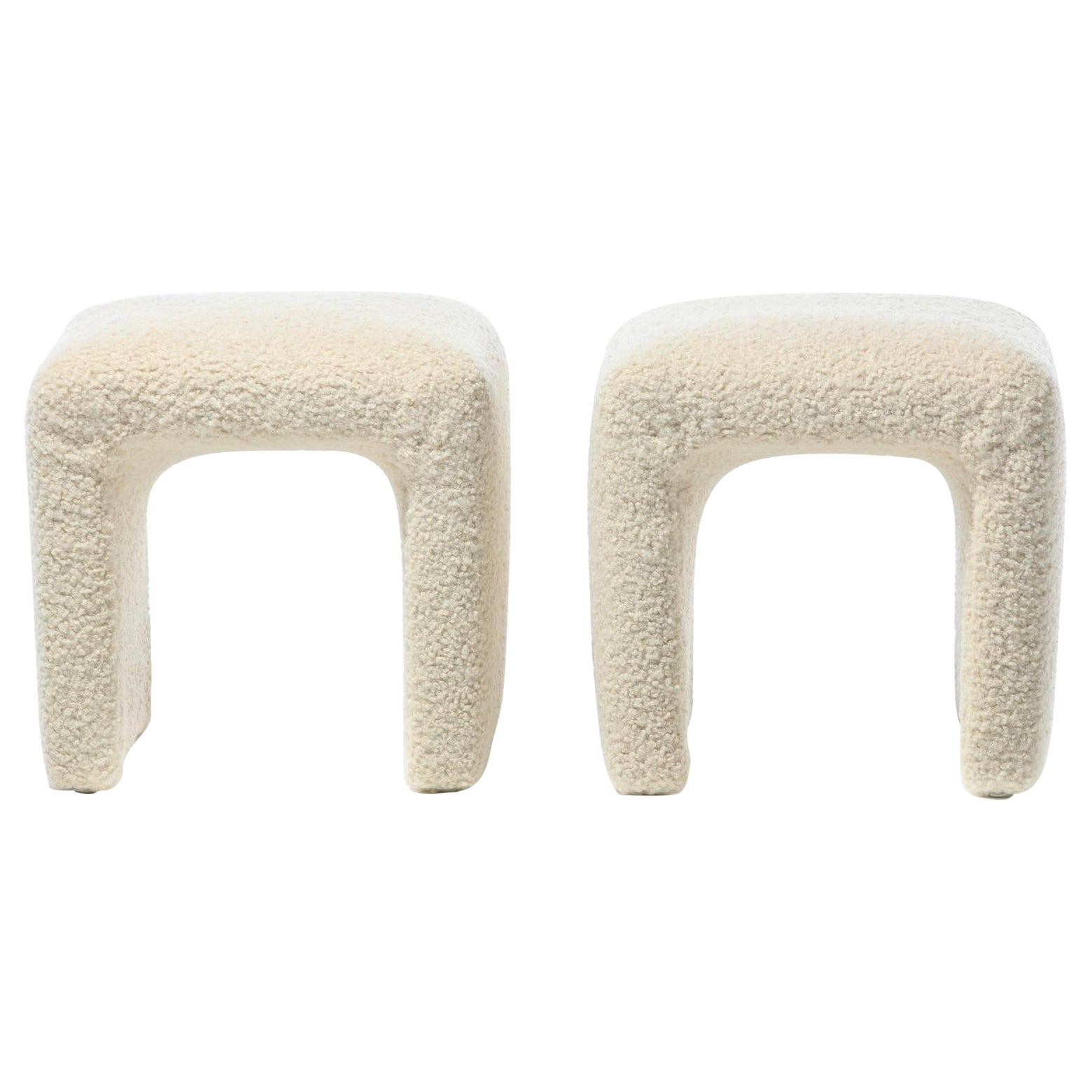 Pair of Waterfall Benches Newly Upholstered in Ivory White Bouclé, circa 1970s