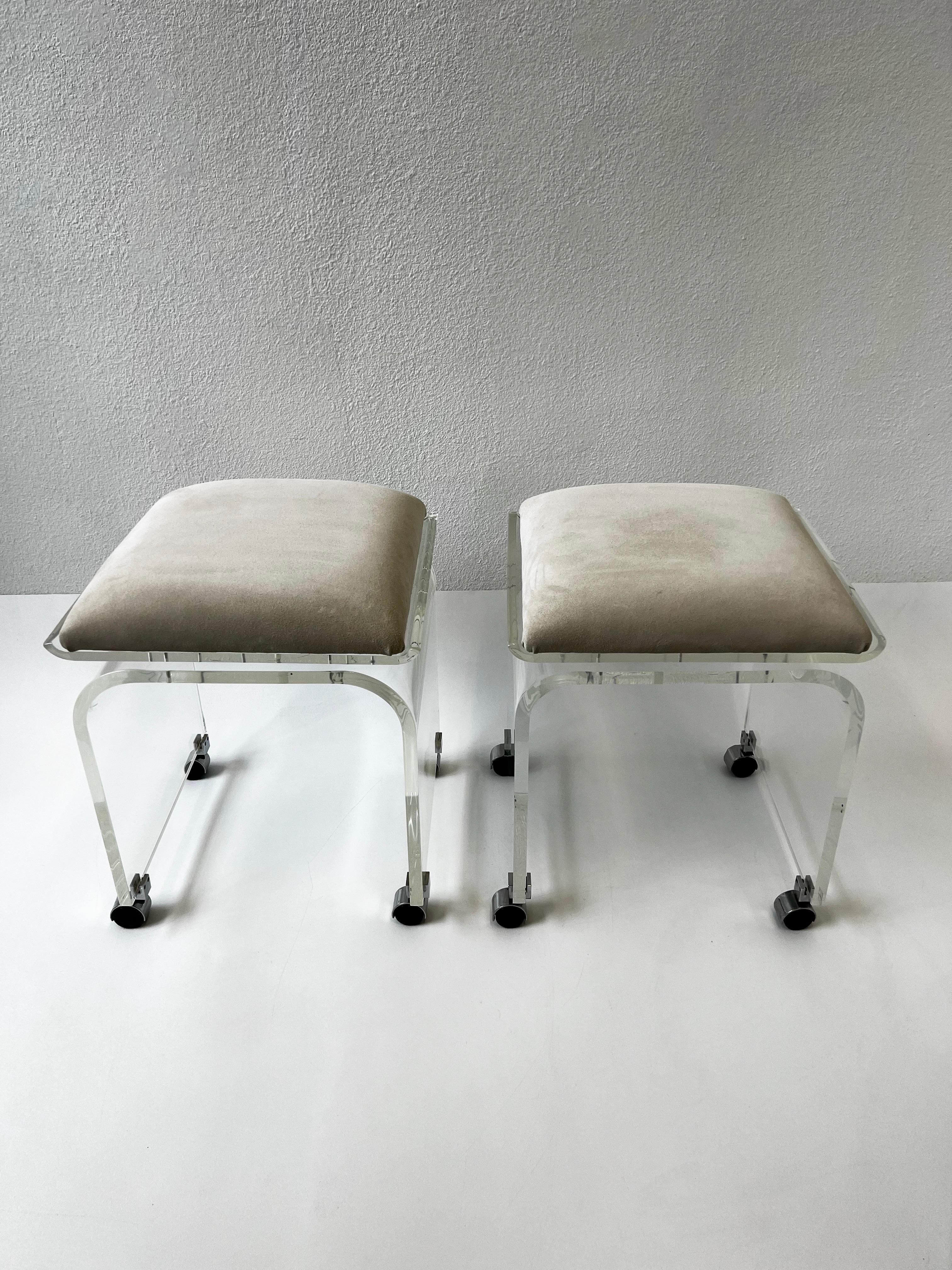 Polished Pair of “Waterfall” Lucite and Suede Swivel Stools by Charles Hollis Jones  For Sale