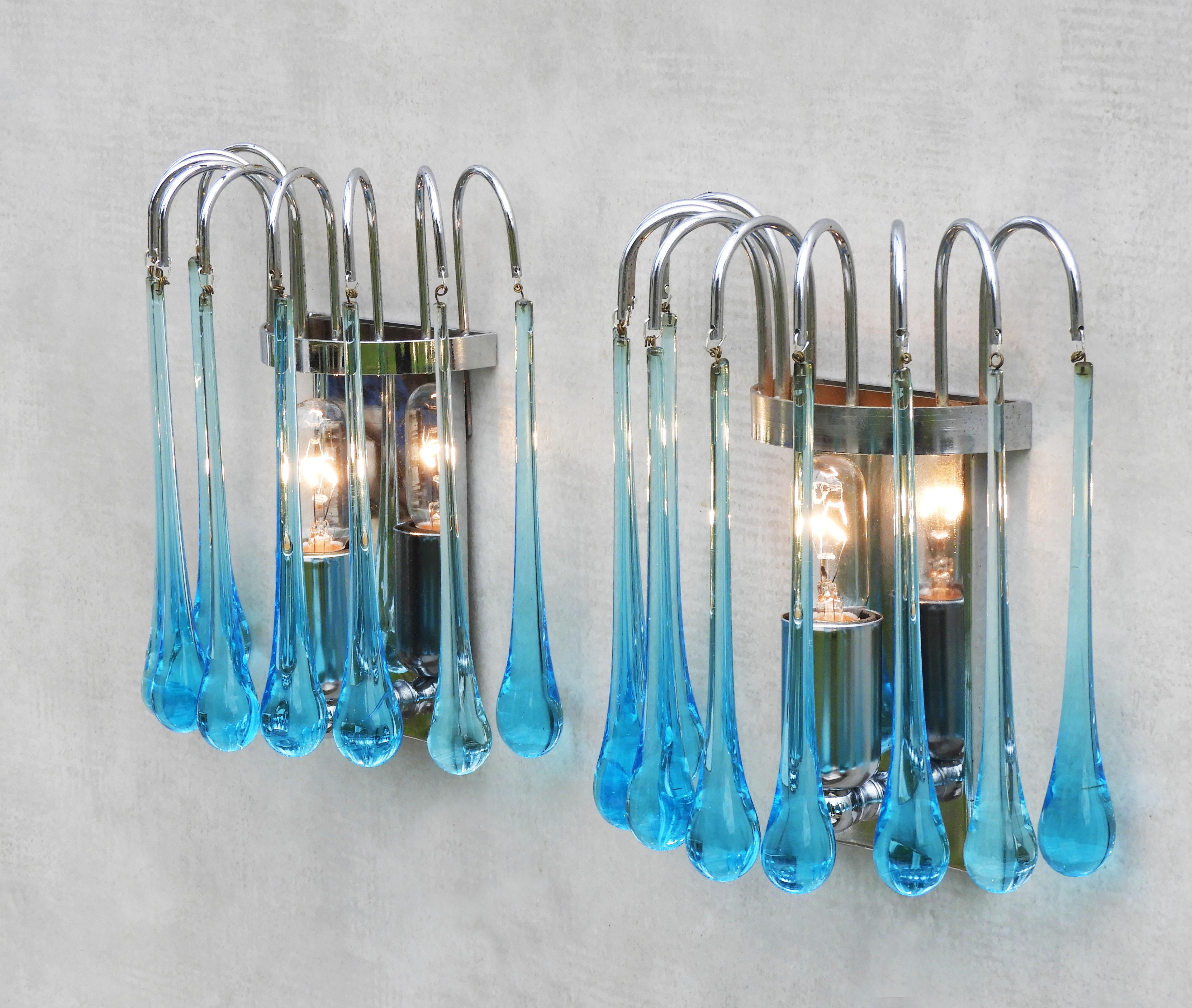 Mid-Century Modern Pair of Waterfall Venini Style Wall Light Sconces Blue Murano Glass & Chrome 70s For Sale