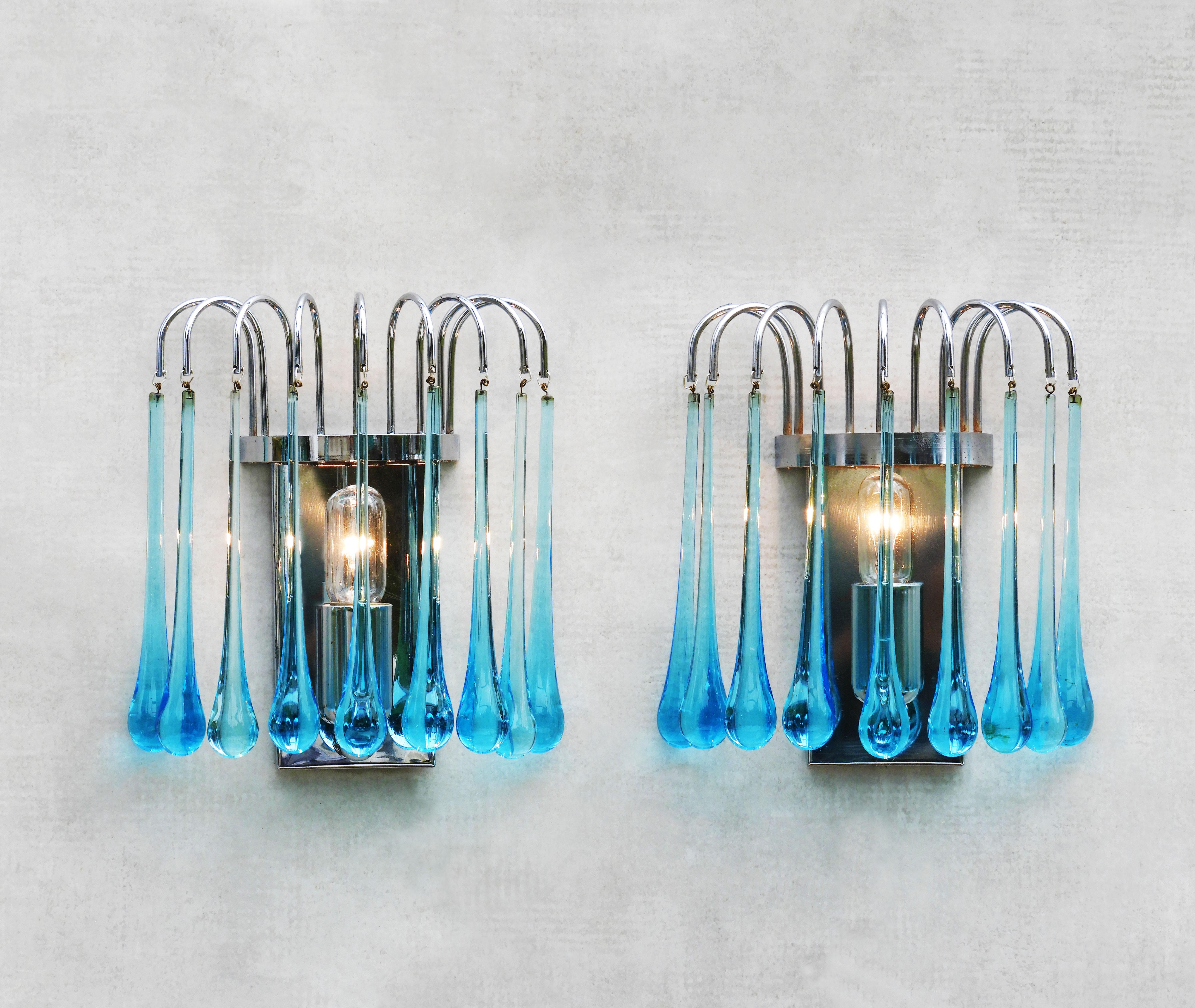 Italian Pair of Waterfall Venini Style Wall Light Sconces Blue Murano Glass & Chrome 70s For Sale