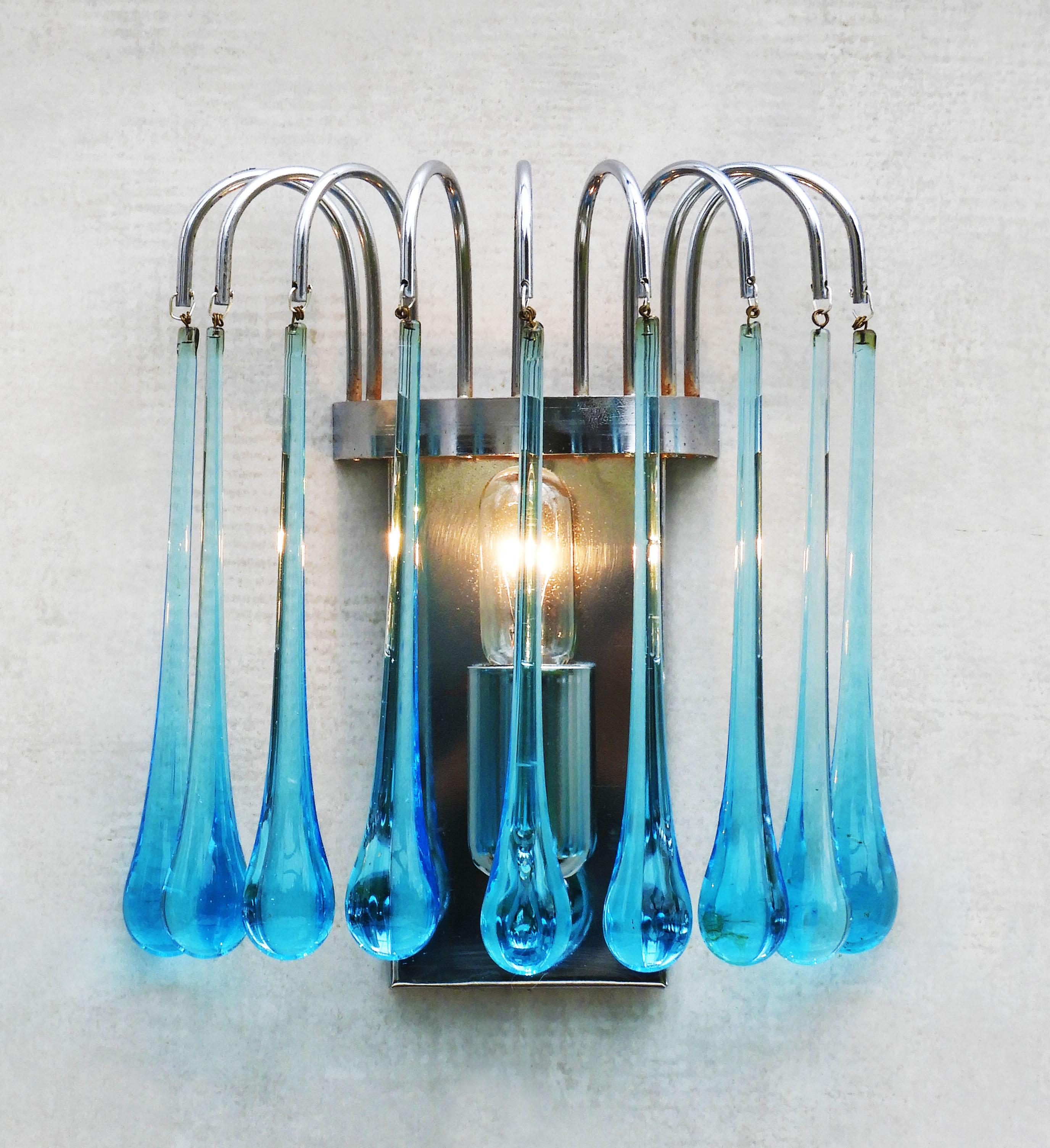 20th Century Pair of Waterfall Venini Style Wall Light Sconces Blue Murano Glass & Chrome 70s For Sale