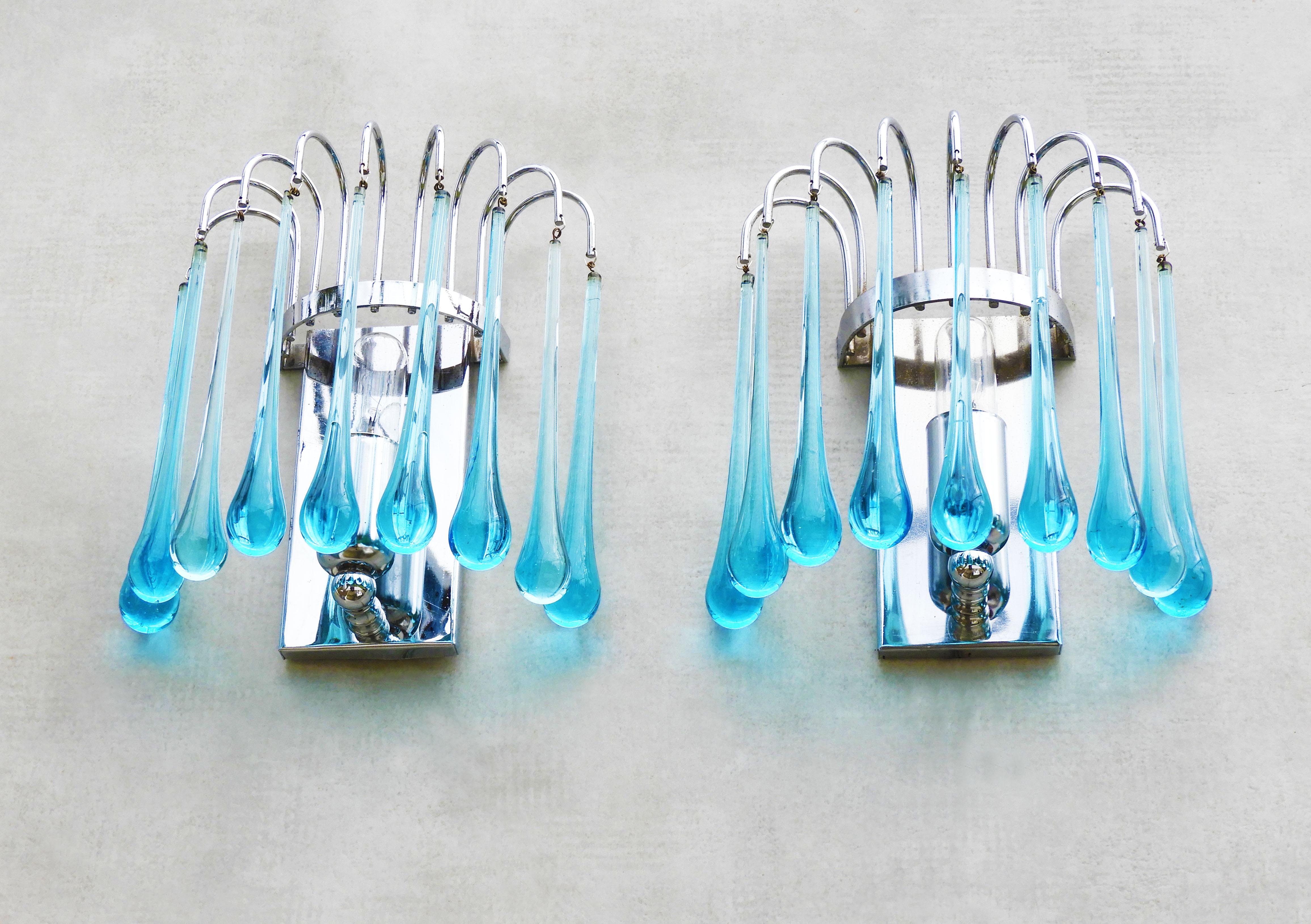Pair of Waterfall Venini Style Wall Light Sconces Blue Murano Glass & Chrome 70s For Sale 1