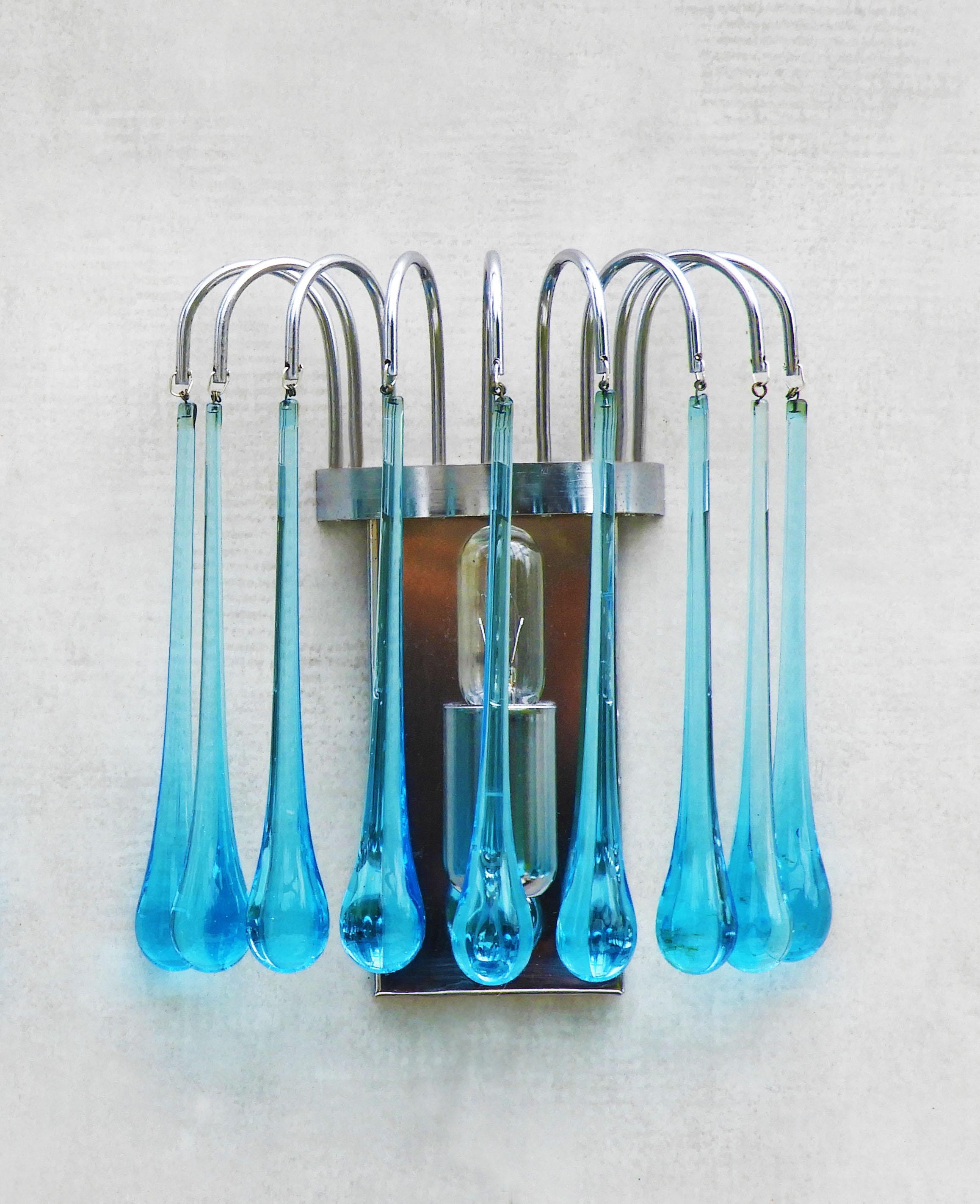 Pair of Waterfall Venini Style Wall Light Sconces Blue Murano Glass & Chrome 70s For Sale 2