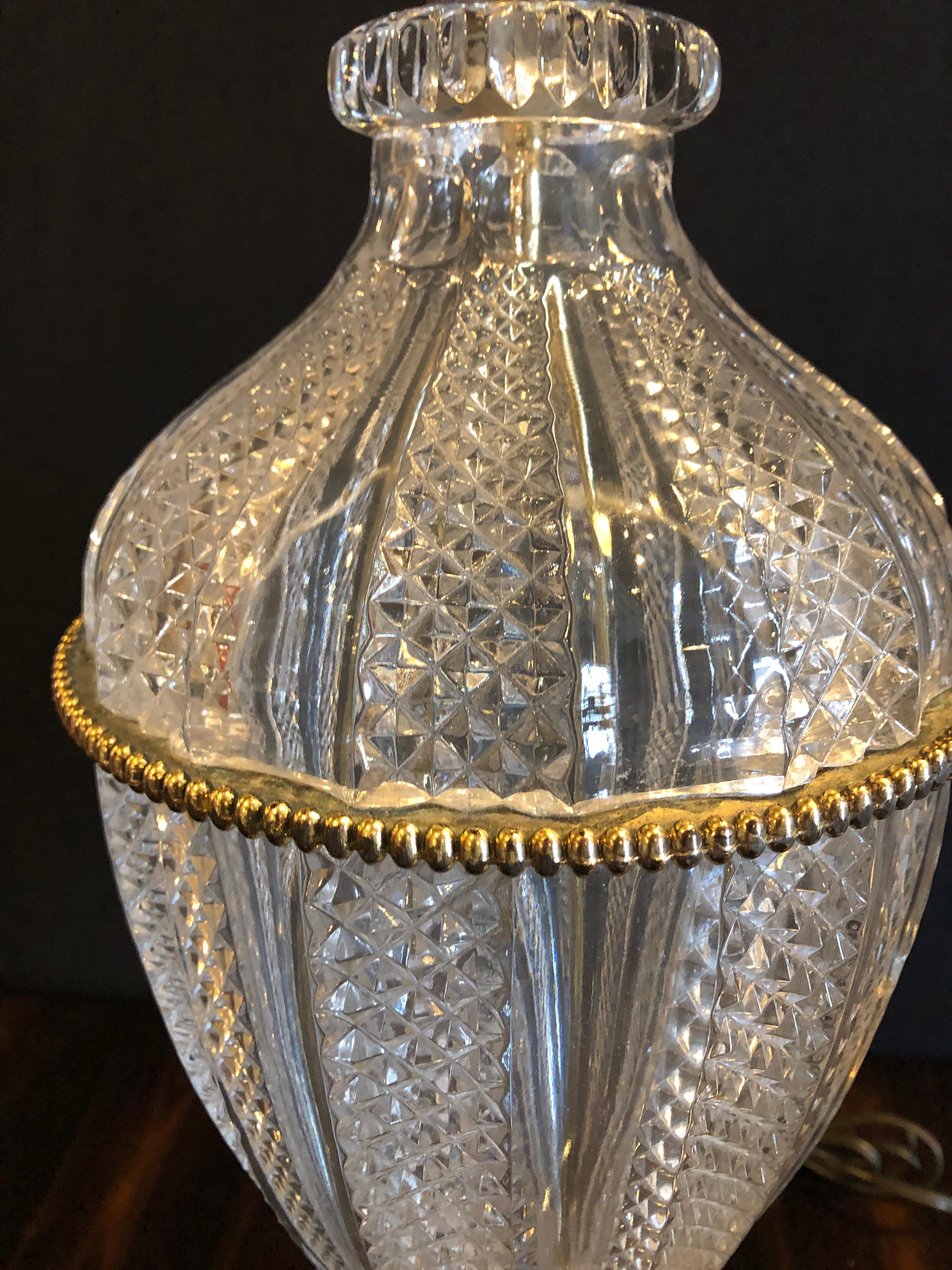 Neoclassical Pair of Waterford Style Crystal Lead Urn Form Finely Cut Table Lamps