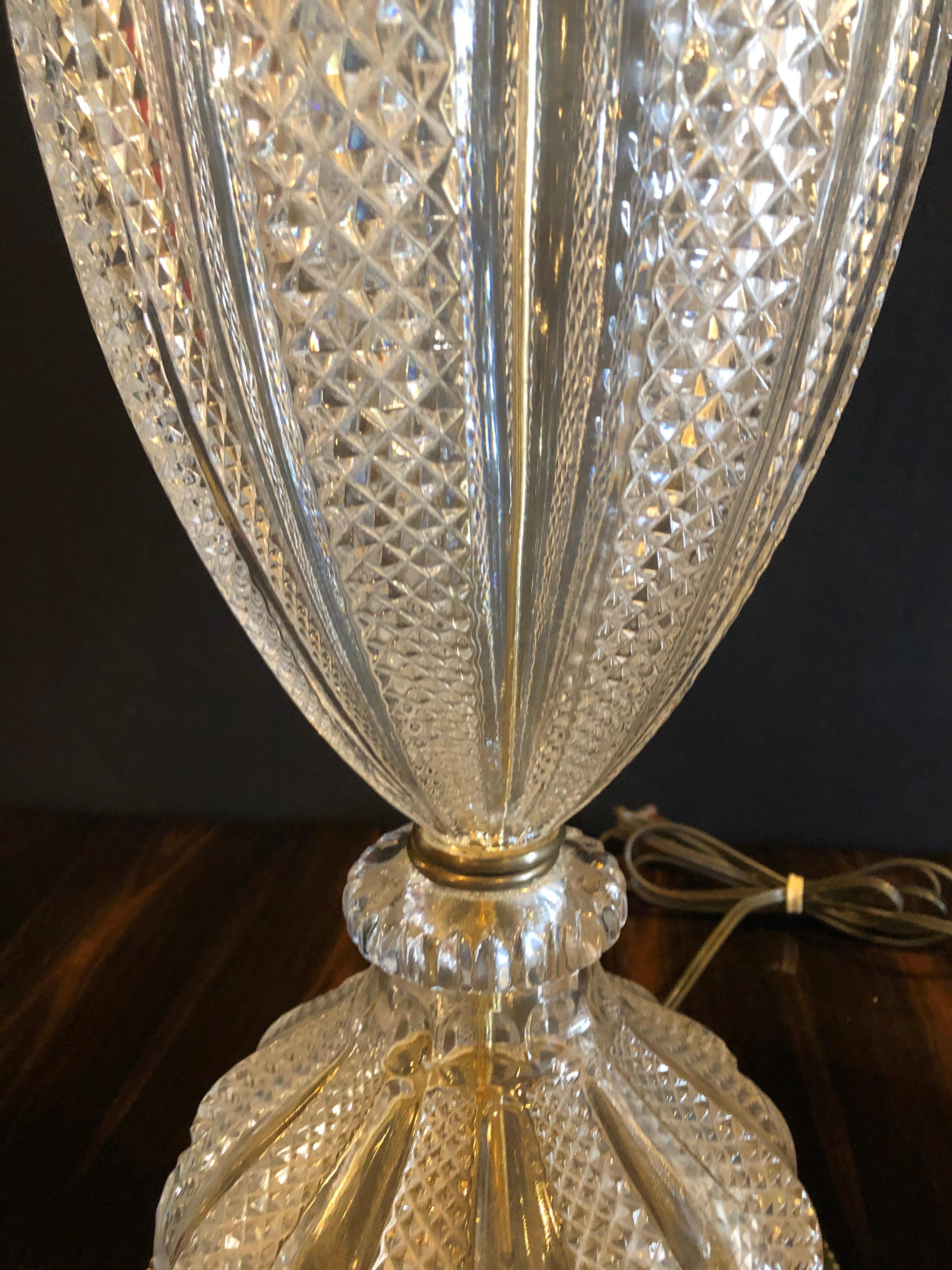 French Pair of Waterford Style Crystal Lead Urn Form Finely Cut Table Lamps