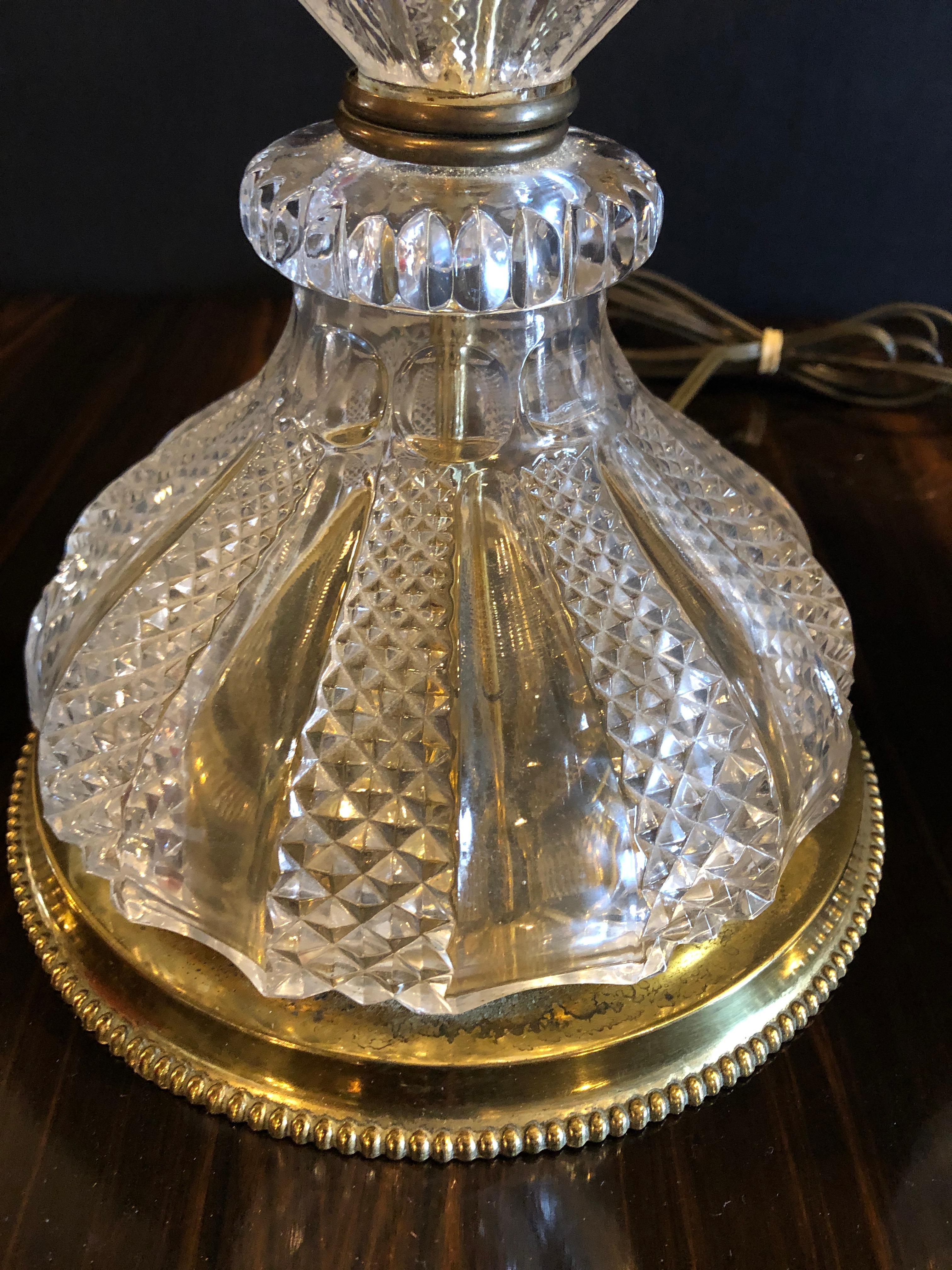 Pair of Waterford Style Crystal Lead Urn Form Finely Cut Table Lamps In Good Condition In Stamford, CT