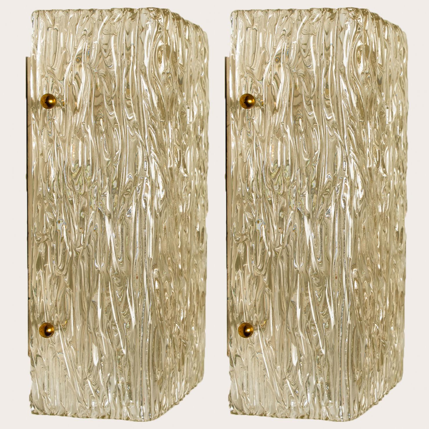 Pair of Wave Textured Glass Gold Wall Lights Kalmar, 1970s For Sale 6