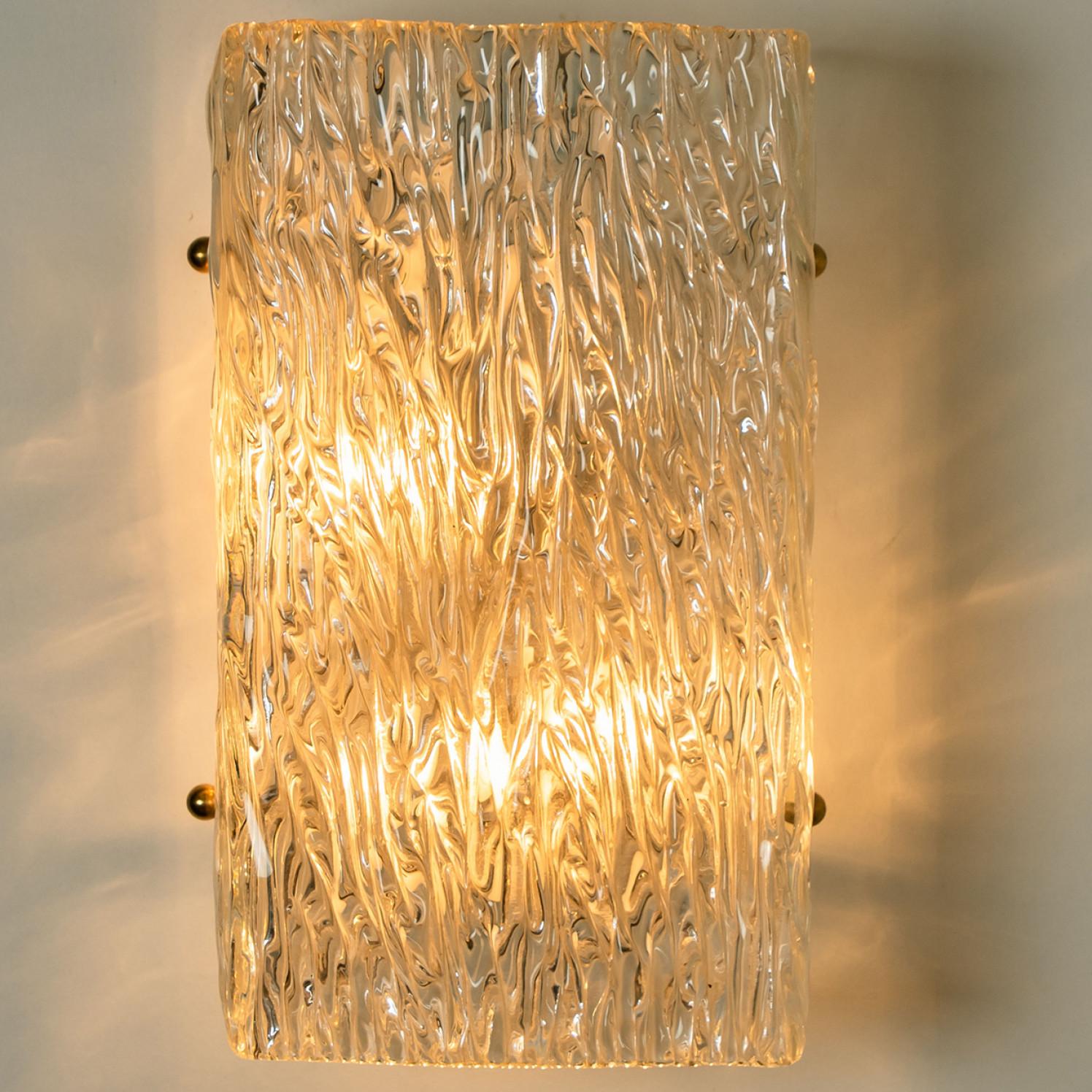 German Pair of Wave Textured Glass Gold Wall Lights Kalmar, 1970s For Sale