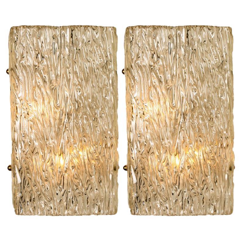 Pair of Wave Textured Glass Gold Wall Lights Kalmar, 1970s For Sale