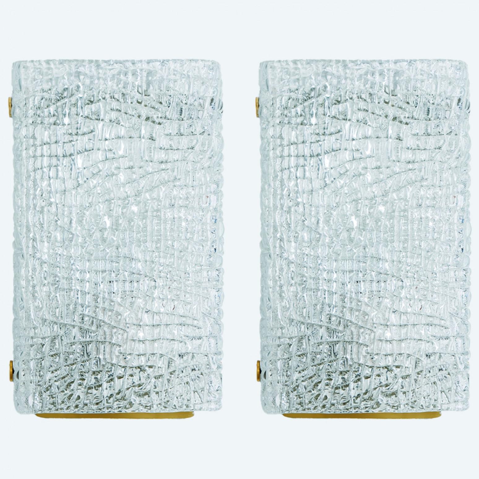 Pair of Waved Glass Gold Wall Lights Kalmar, 1970s For Sale 5