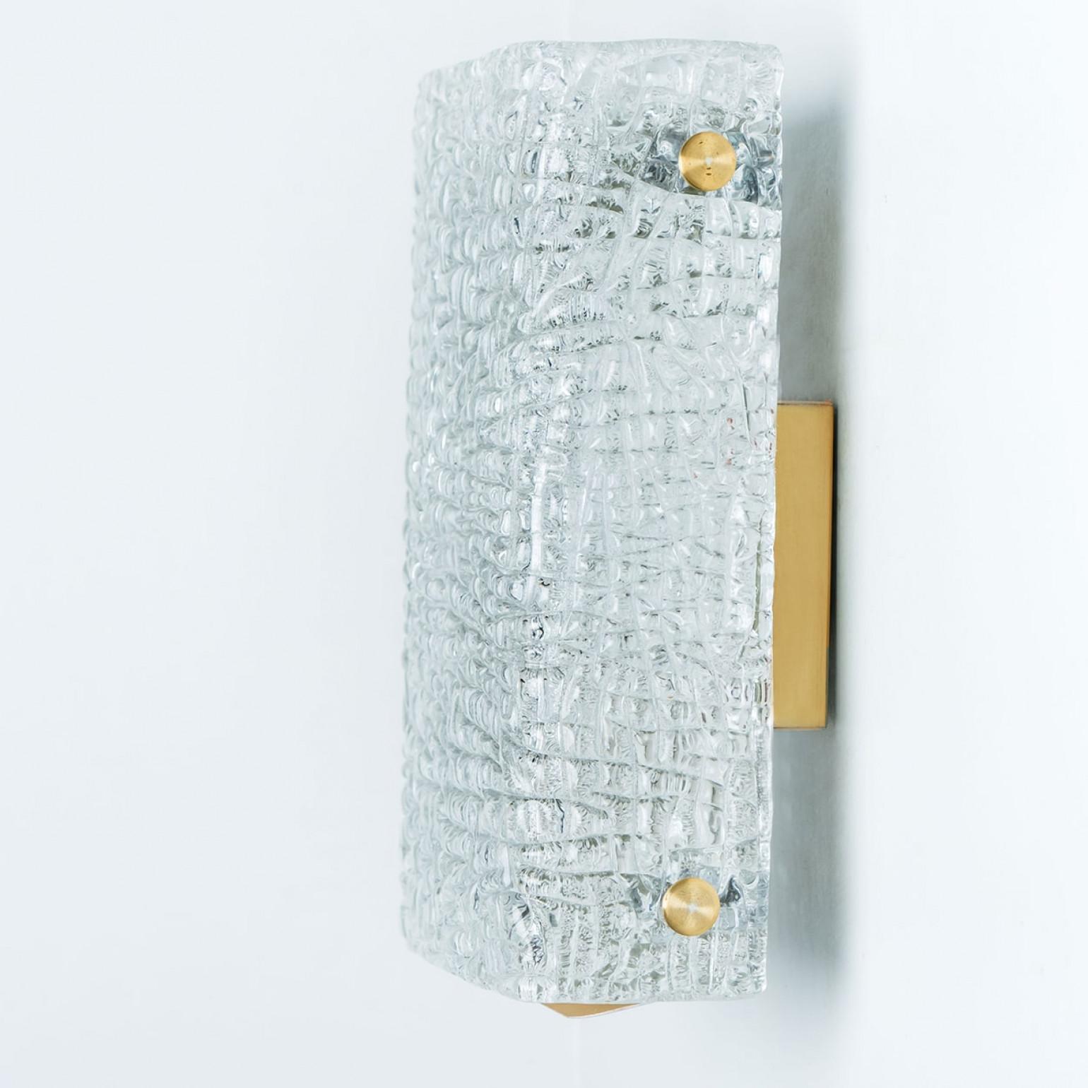 German Pair of Waved Glass Gold Wall Lights Kalmar, 1970s For Sale