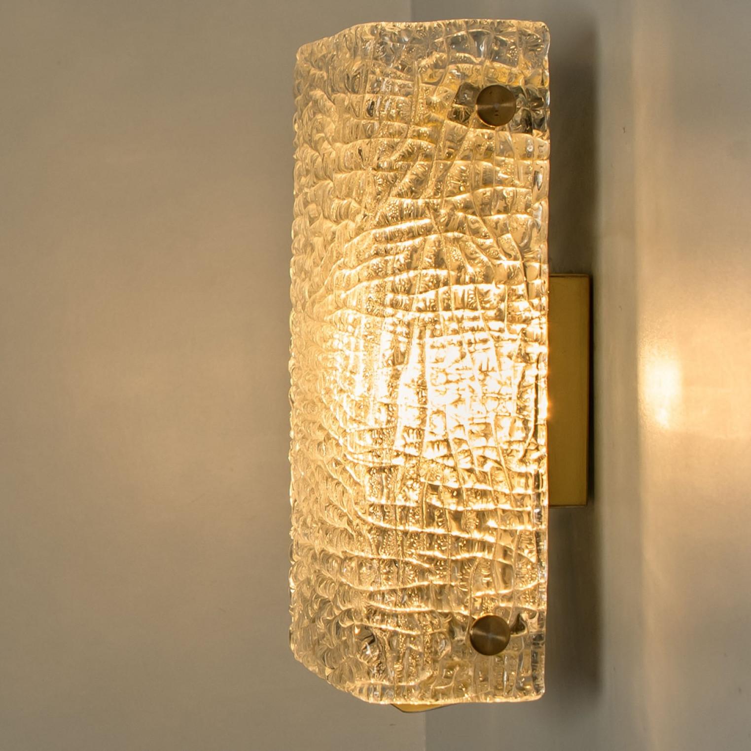 Pair of Waved Glass Gold Wall Lights Kalmar, 1970s For Sale 1