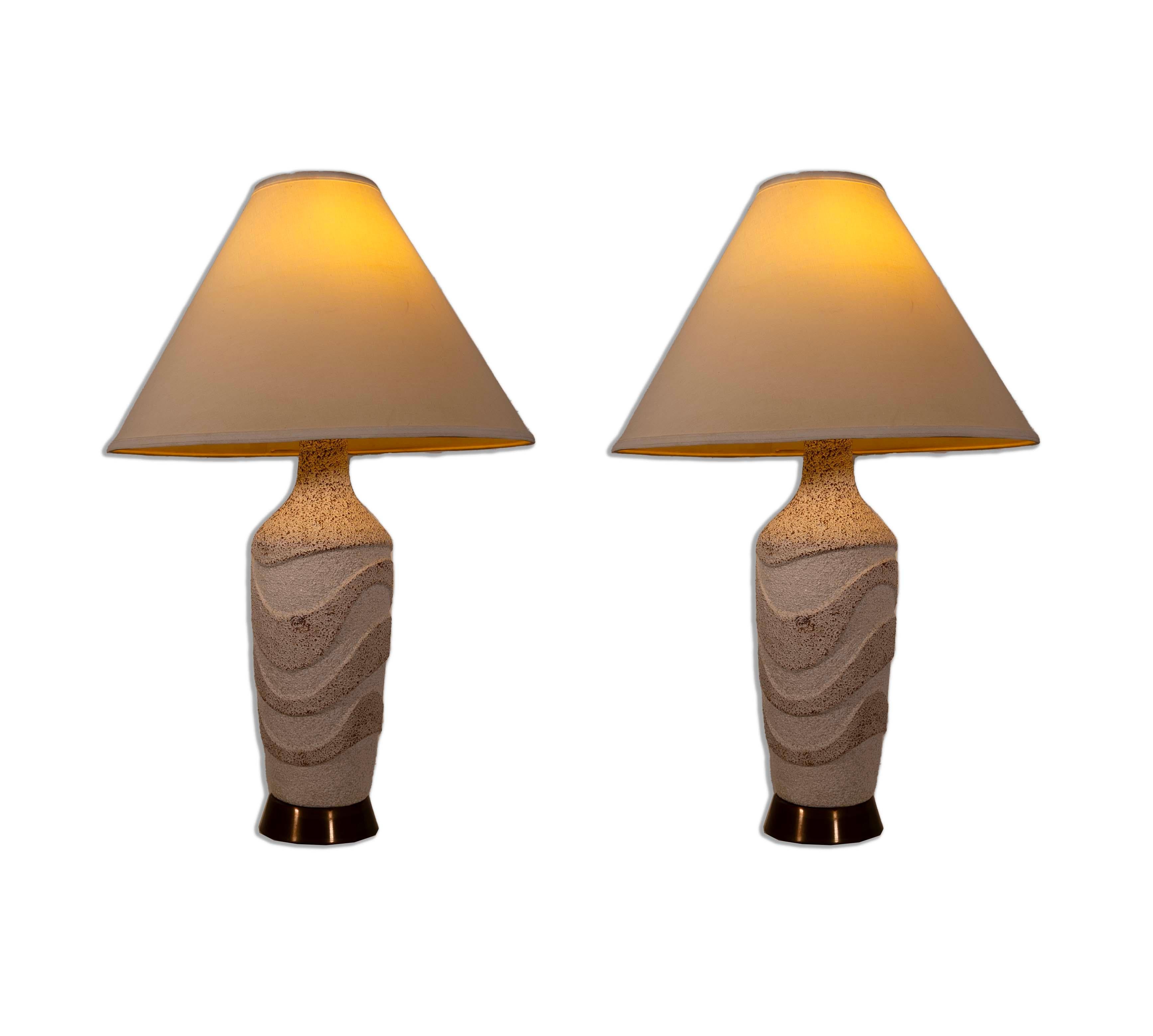 Pair of Waved Textured Ceramic Lamps Mid Century Modern For Sale 1