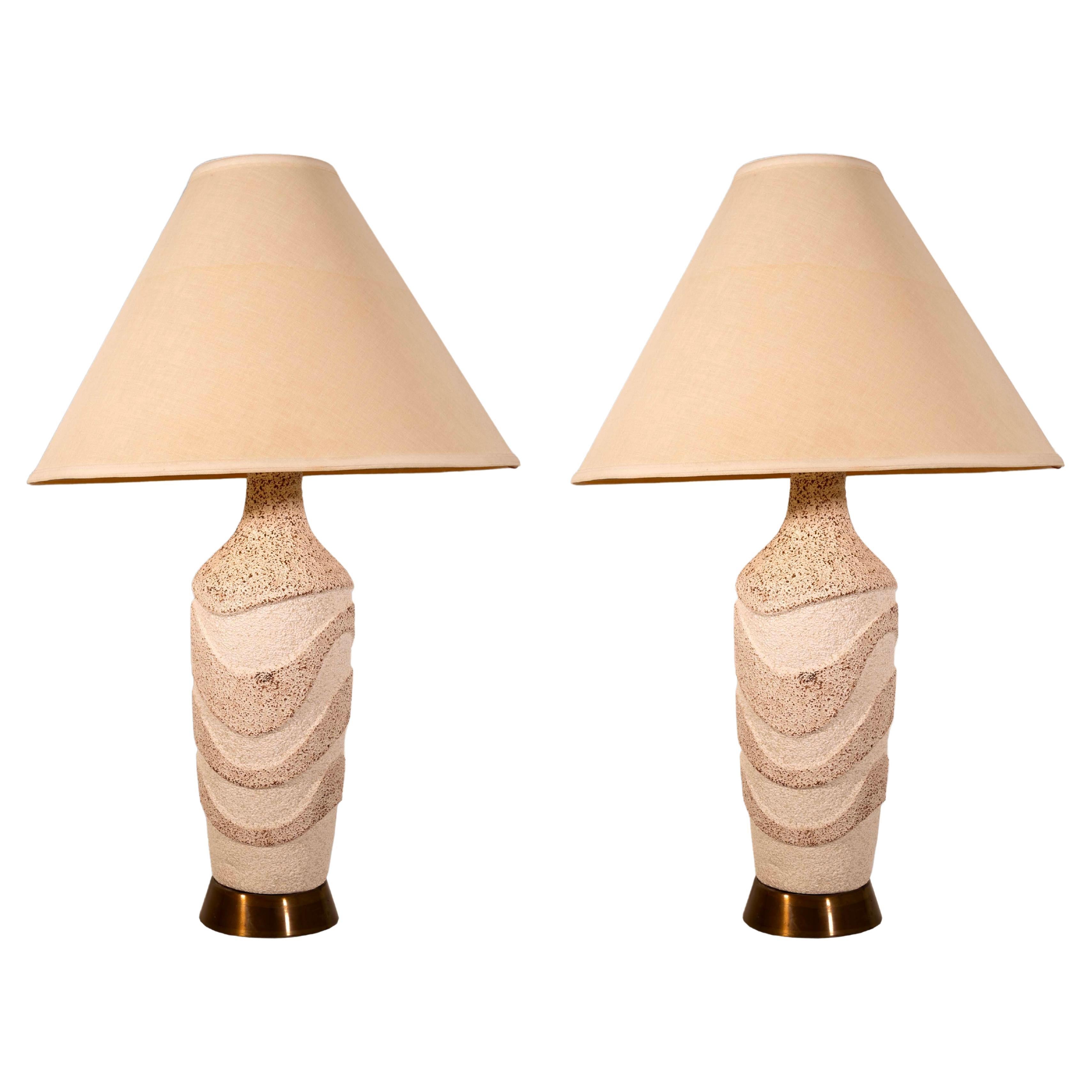 Pair of Waved Textured Ceramic Lamps Mid Century Modern For Sale