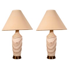 Vintage Pair of Waved Textured Ceramic Lamps Mid Century Modern