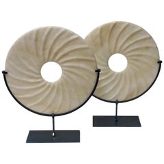Pair of Wavy White Stone Disc Sculptures, China, Contemporary Pair of Wavy White Stone Disc Sculptures, China, Contemporary