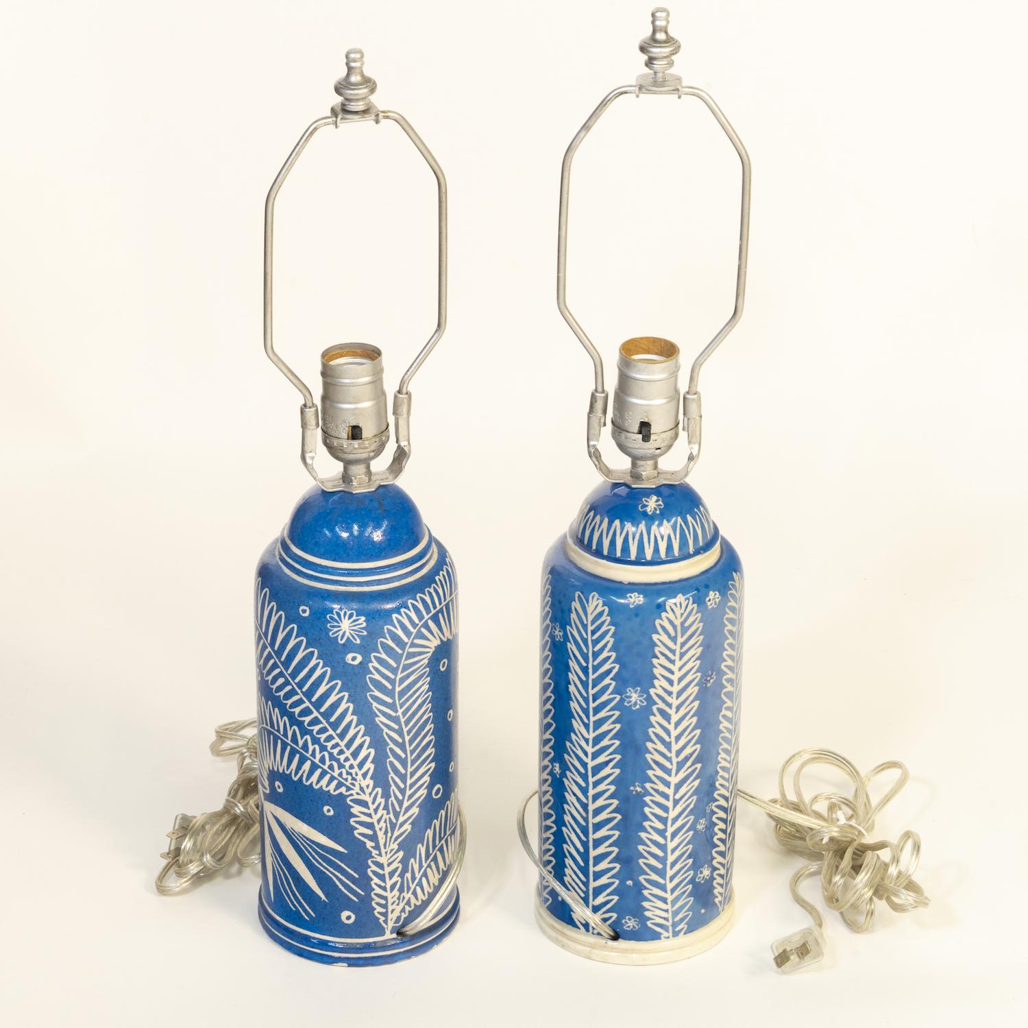 Pair of Waylande Gregory Blue Ceramic Lamps In Good Condition In Waltham, MA