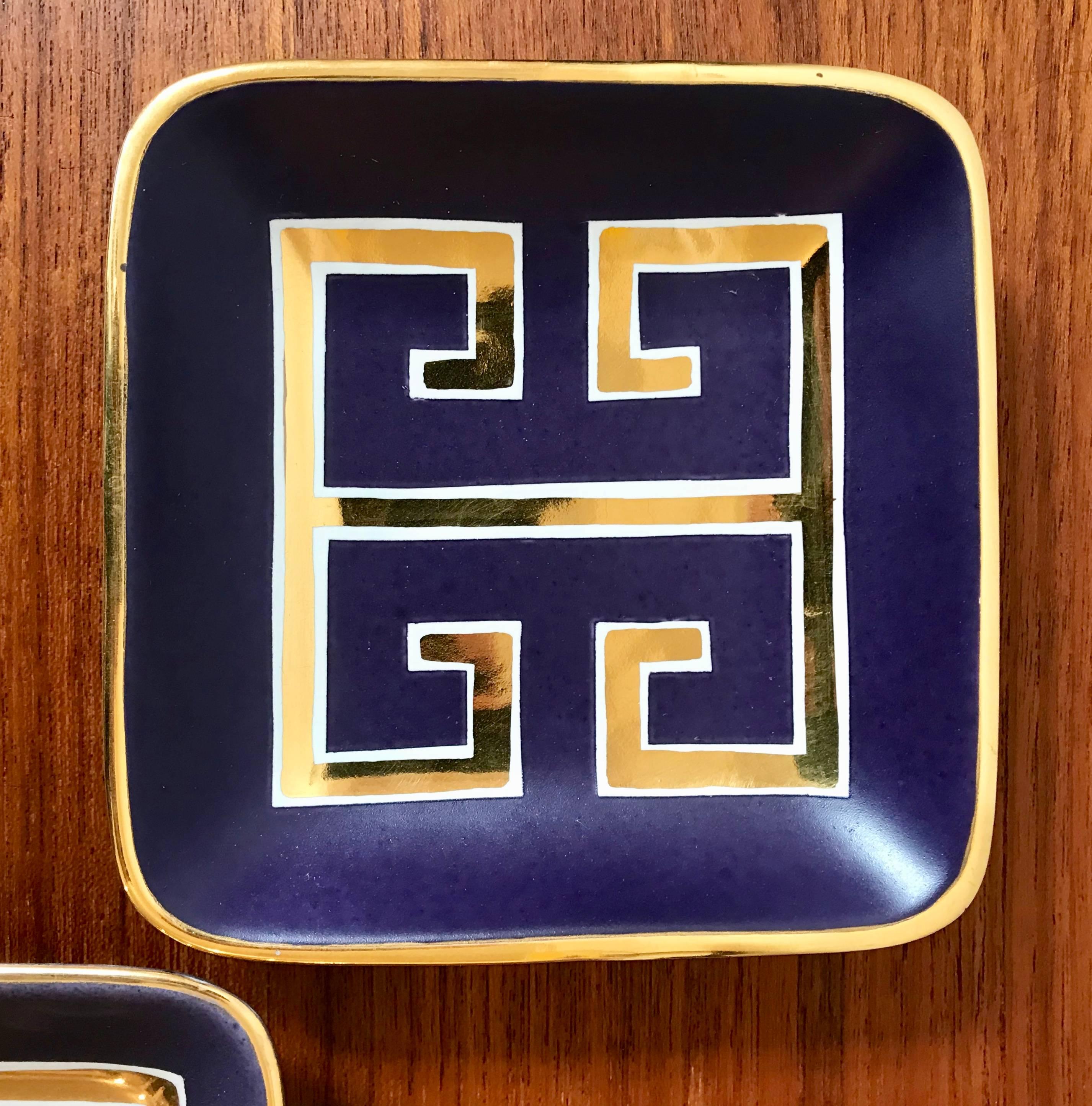 Glazed Pair of Waylande Gregory Small Square Purple Ceramic Trays with Gold Key Pattern