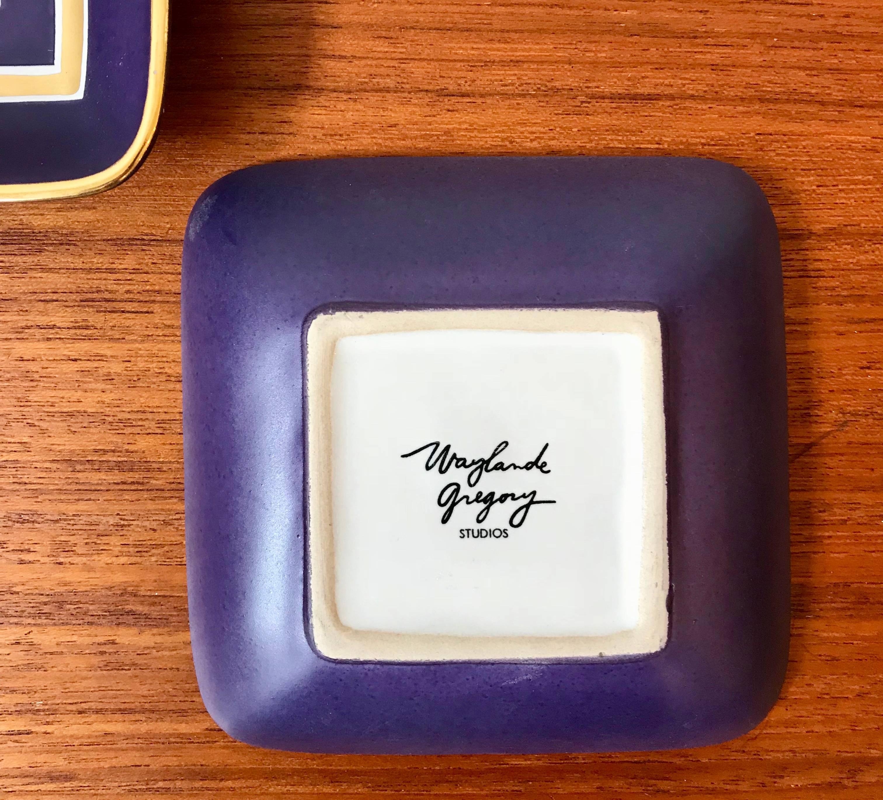 Contemporary Pair of Waylande Gregory Small Square Purple Ceramic Trays with Gold Key Pattern