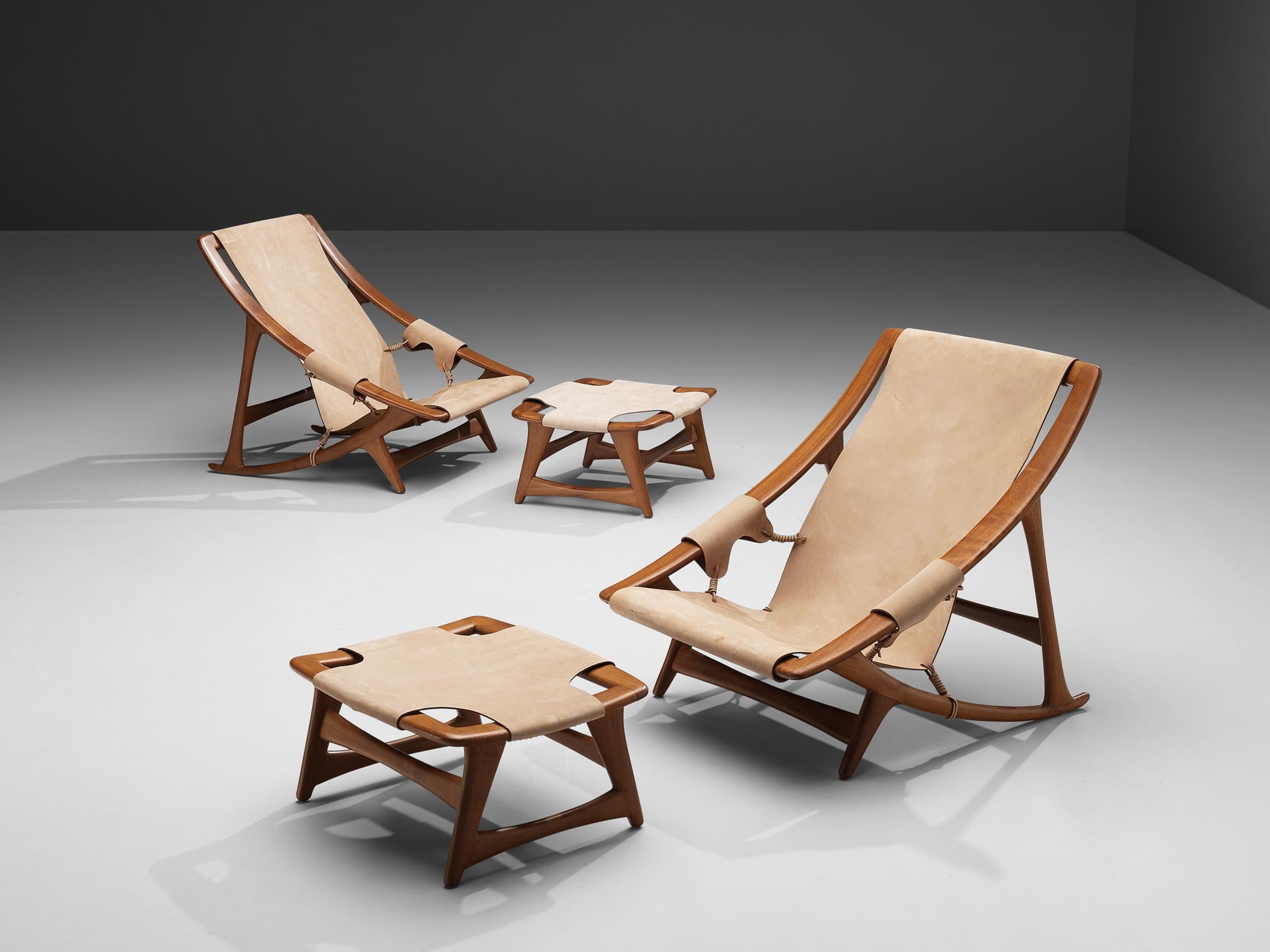 W.D. Andersag, pair lounge chairs with ottoman, teak, leather, Italy, 1960s

These chairs are very dynamic due its design and shapes. The teak frame shows beautiful lines. The frame and construction reminds of the sturdy hunting chairs. Thick