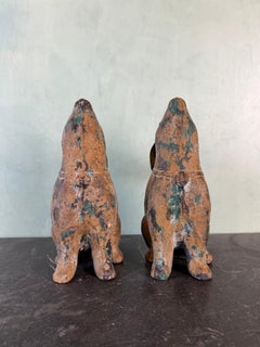 Pair of Weathered Cast Iron Rabbit Garden Sculptures with Verdigris Patina