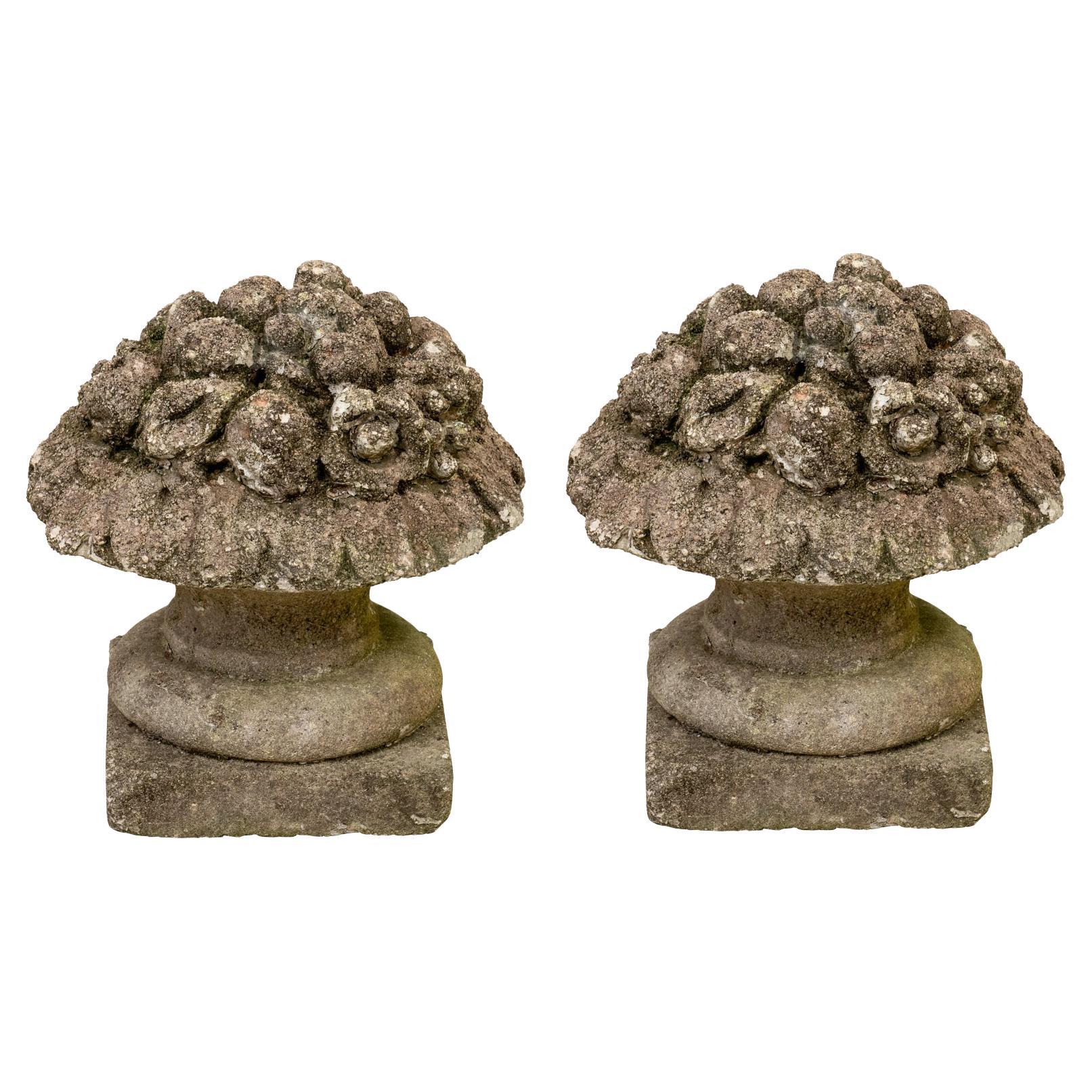 Pair of Weathered Cement Fruit Urns For Sale