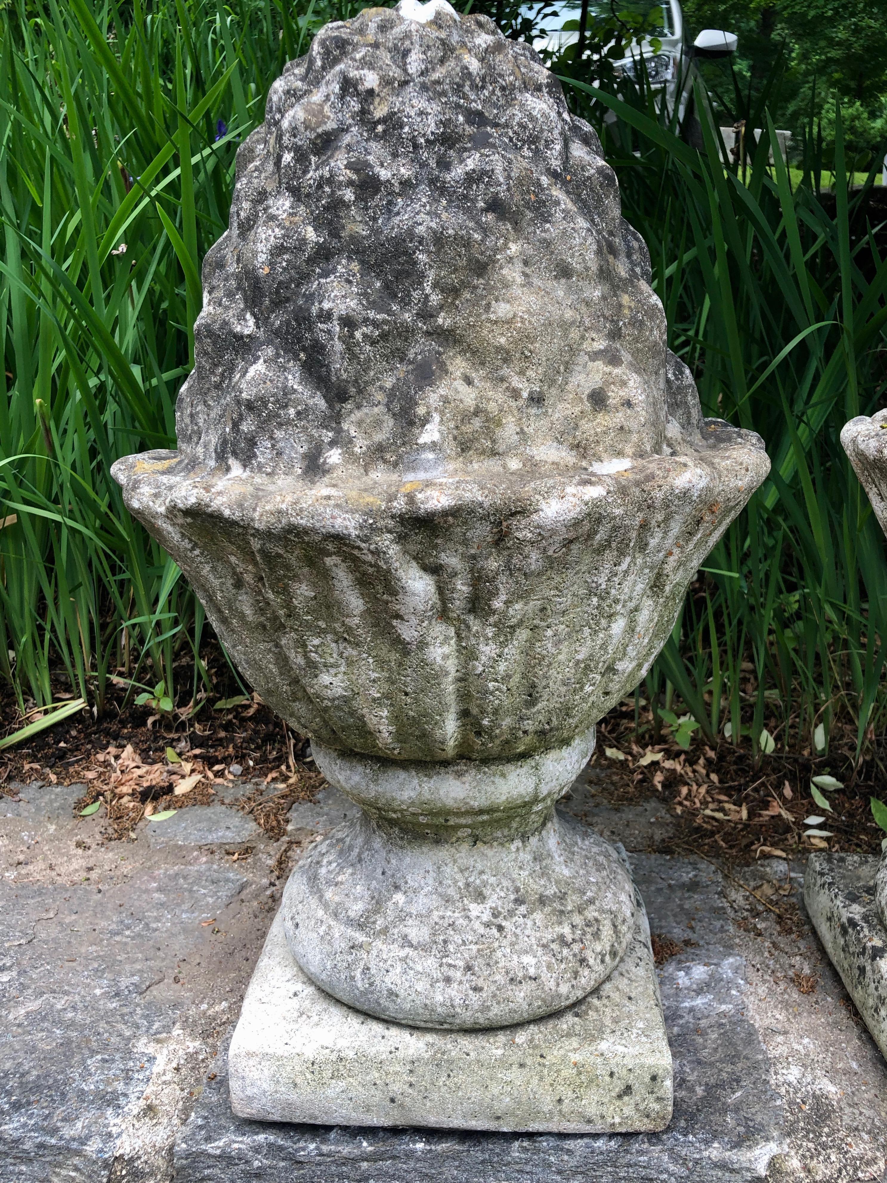 Pair of Weathered English Cast Stone Pineapple Finials In Good Condition In Woodbury, CT
