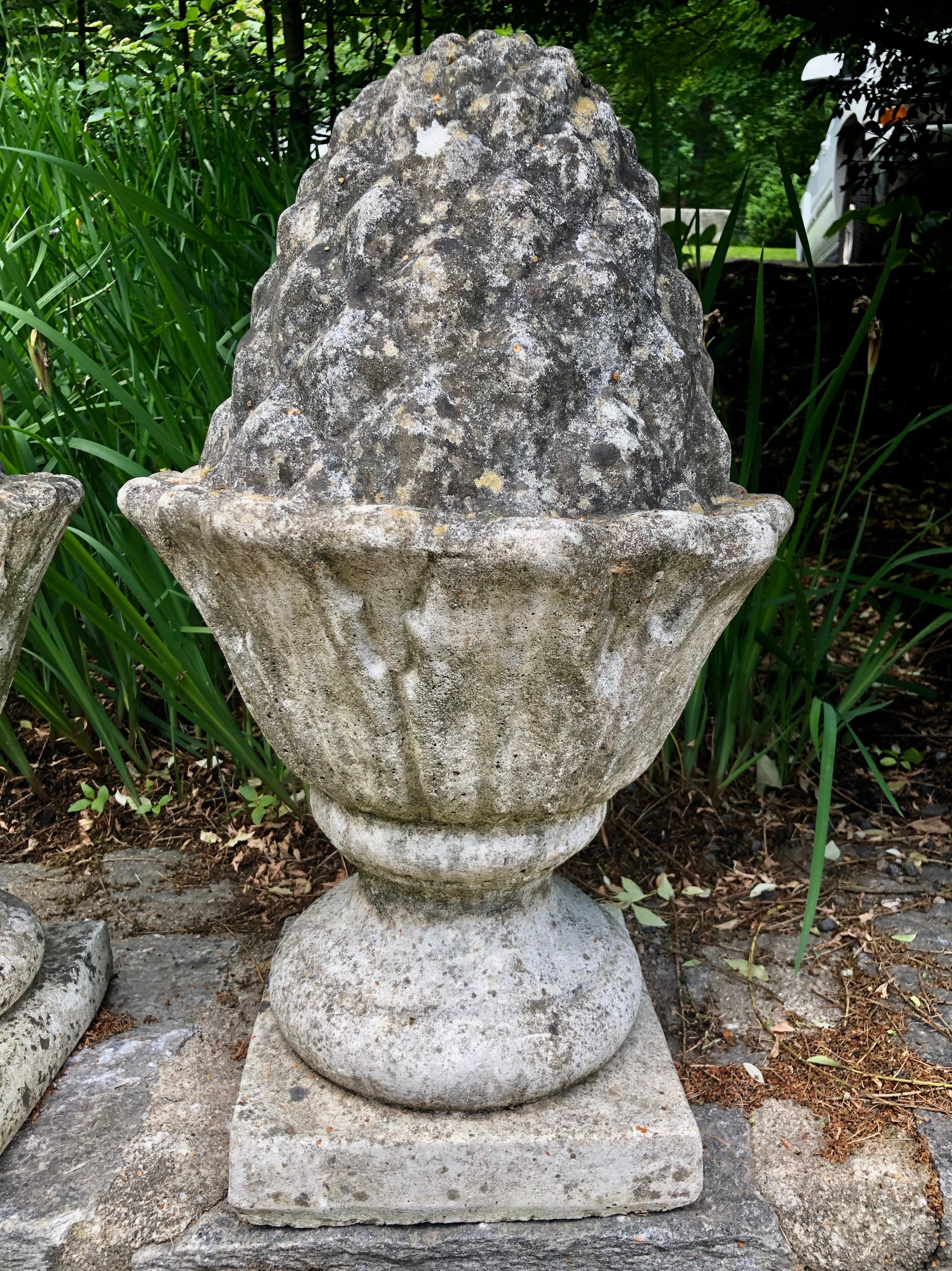 20th Century Pair of Weathered English Cast Stone Pineapple Finials