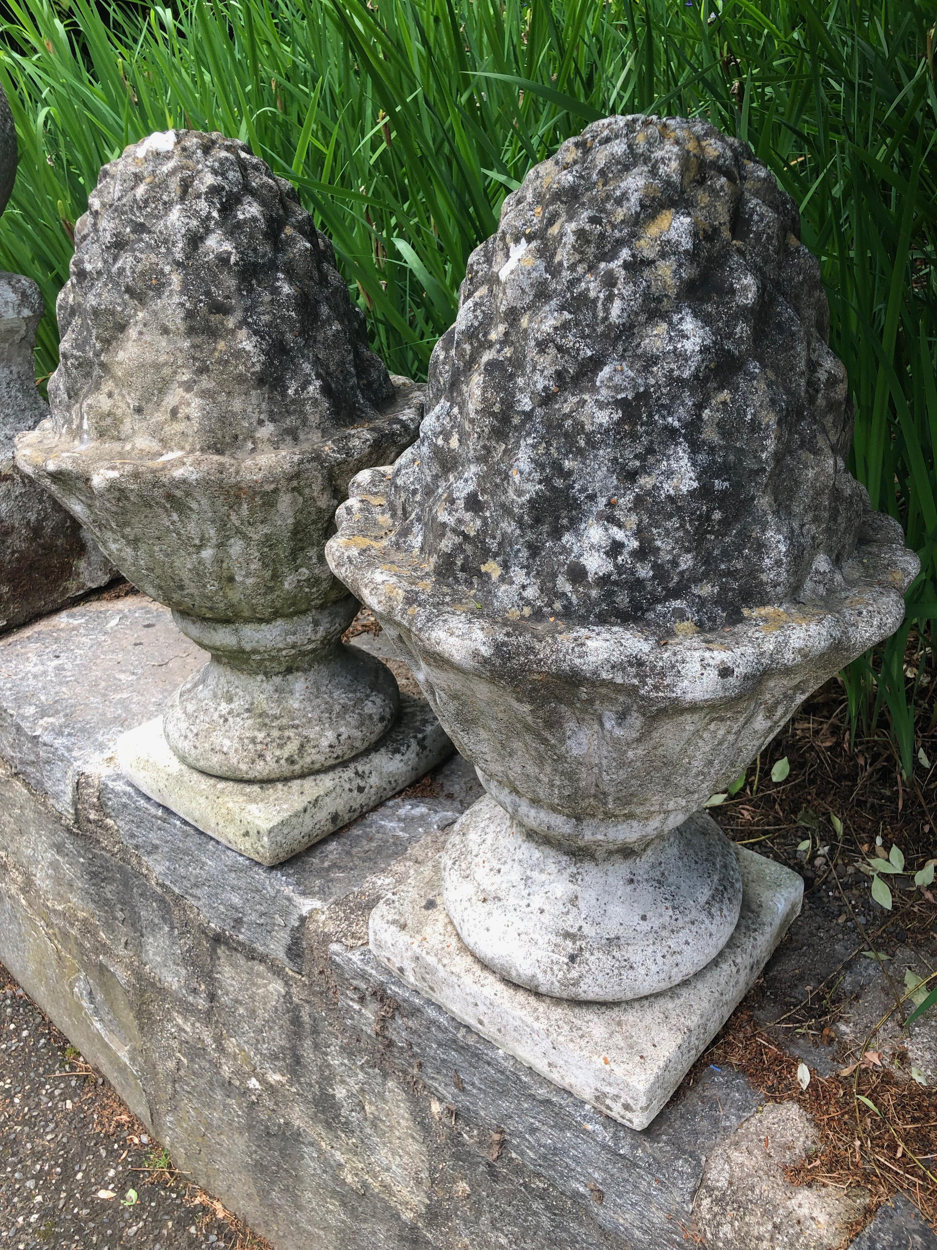 Pair of Weathered English Cast Stone Pineapple Finials 1