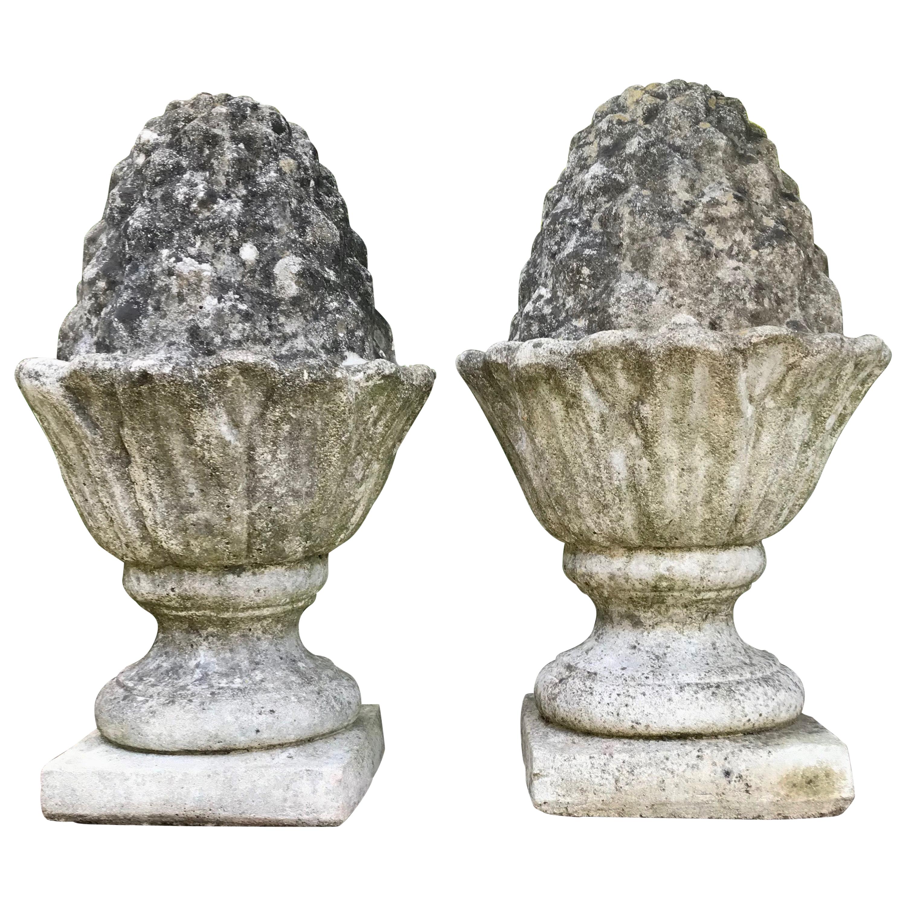 Pair of Weathered English Cast Stone Pineapple Finials
